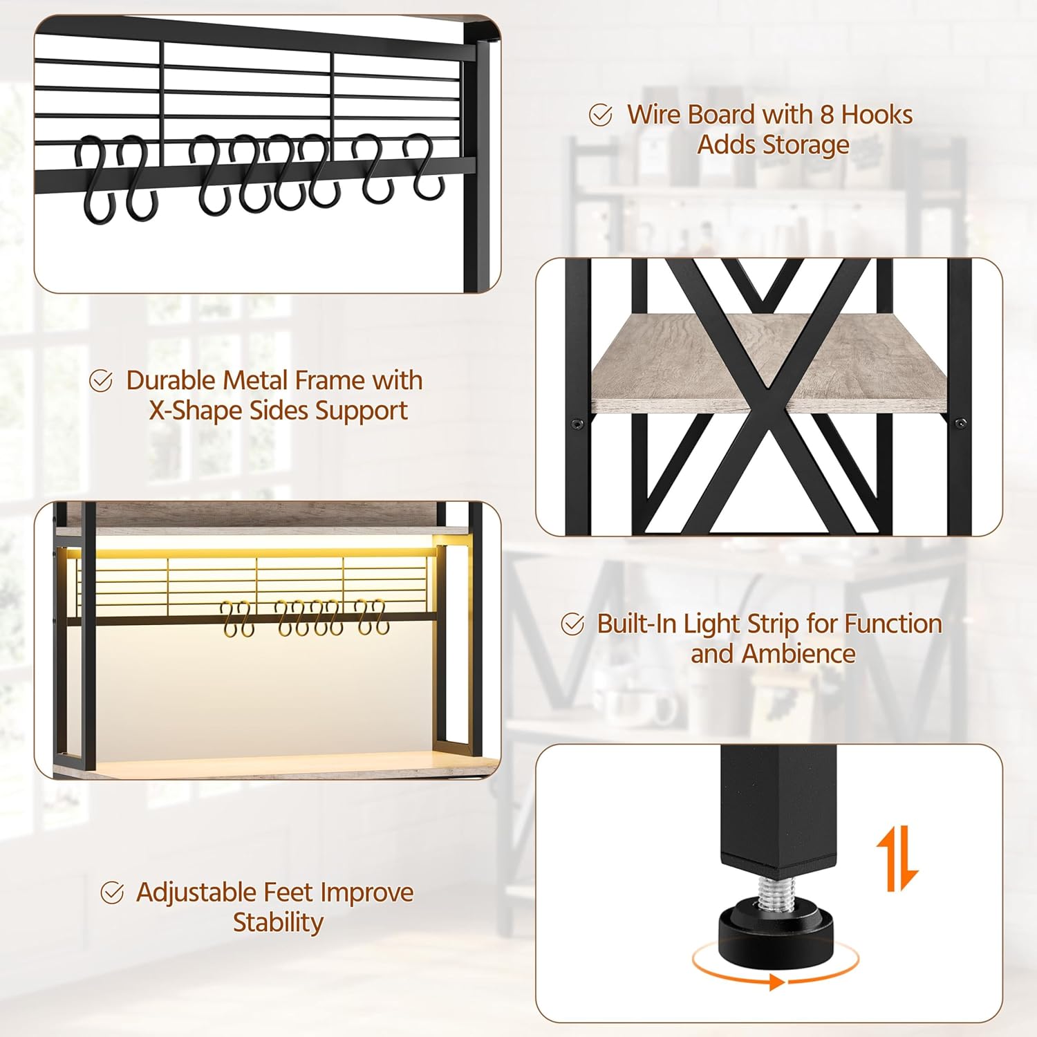 Yaheetech Kitchen Bakers Rack with Power Outlet & LED Lights, 5 Tiers Coffee Bar Table with 8 S Hooks, 64 Inches Tall Microwave Oven Stand with Storage for Spices, Pots, Gray - Image 6