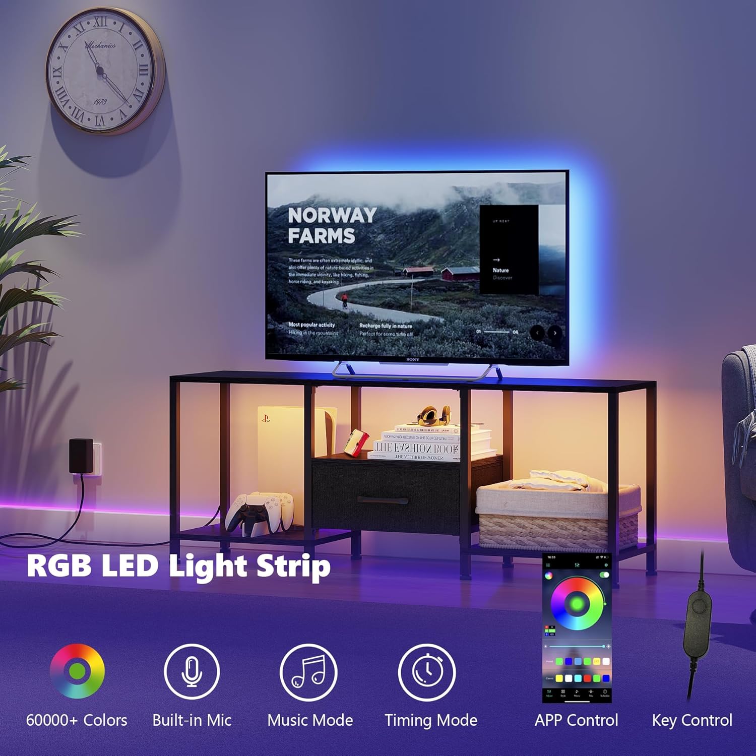 TV Stand with LED Lights, Entertainment Center with Open Shelves and Fabric Drawer, Media Console for 55 Inch TV, Television Stands for Living Room, Bedroom, Black - Image 4