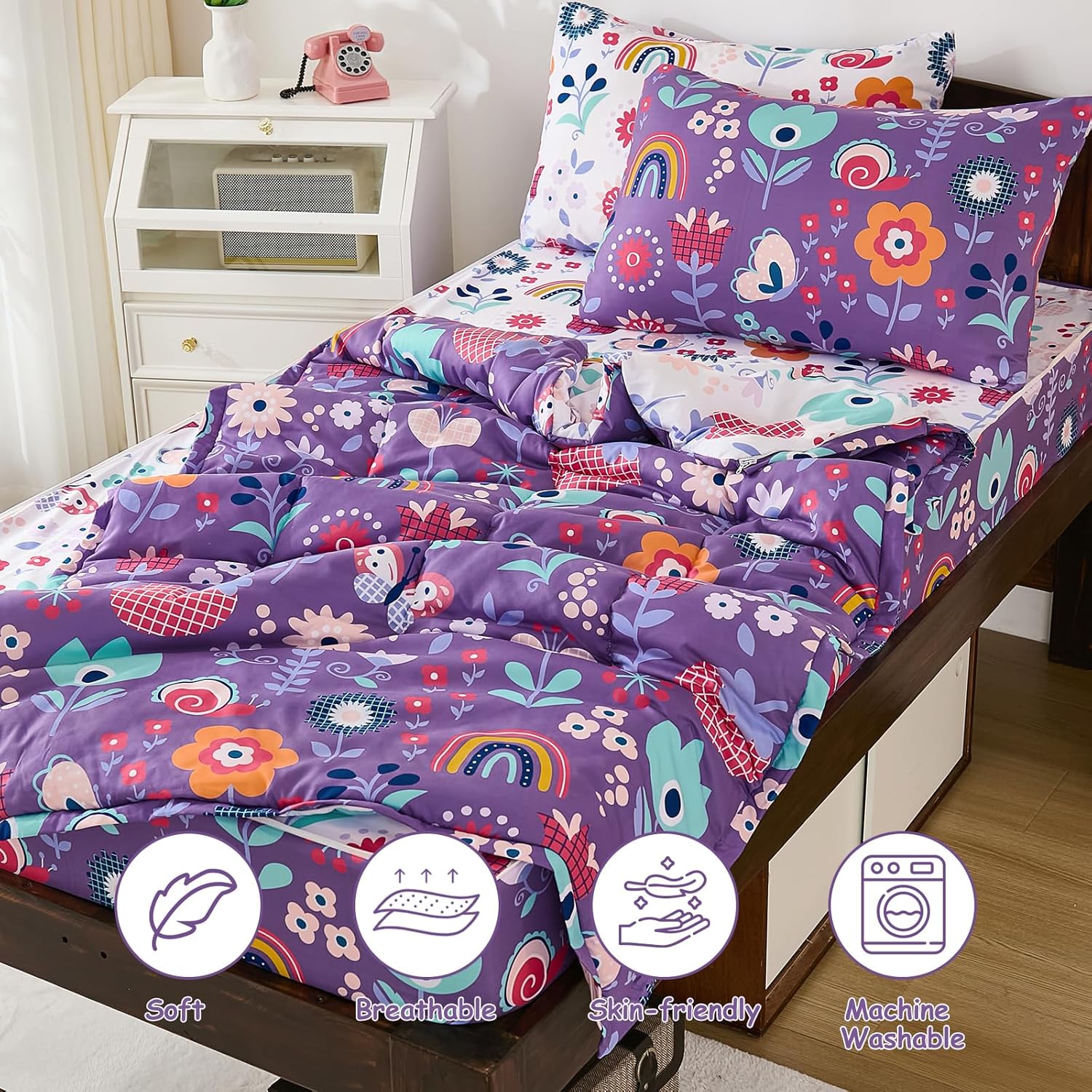 DJY Zipper Bedding Set Full, Purple Floral Bedding Sets for Girls, Kids Comforter Set with Fitted Sheet Pillowcases, All in One Zipper Bed Set for All Seasons - Image 7