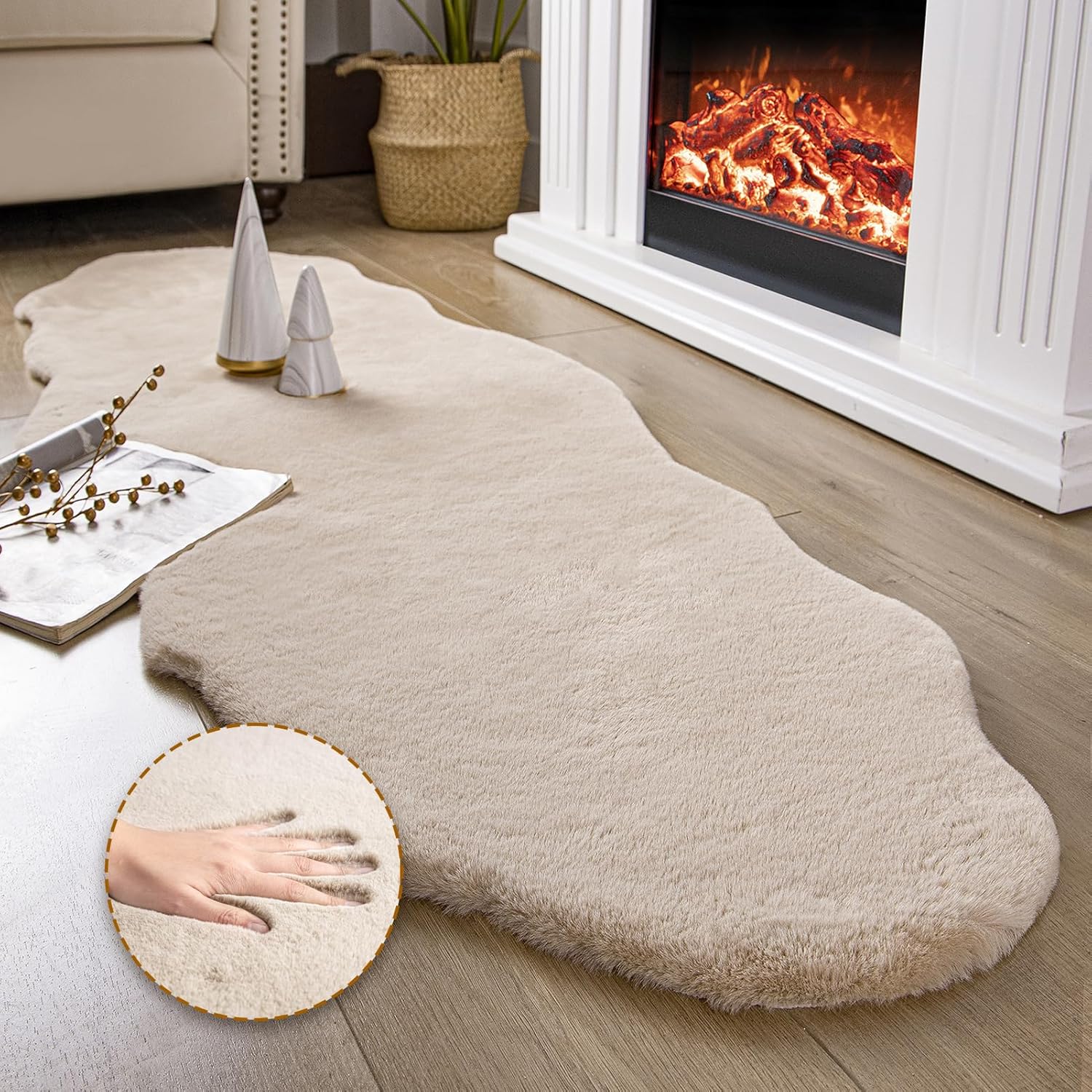 Ashler Faux Fur Rug, Ultra Soft Faux Rabbit Fur, Beige Area Rugs, 2 x 6 Feet, Machine Washable Nursery Decor Throw Rugs for Bedroom, Kids Room, Living Room