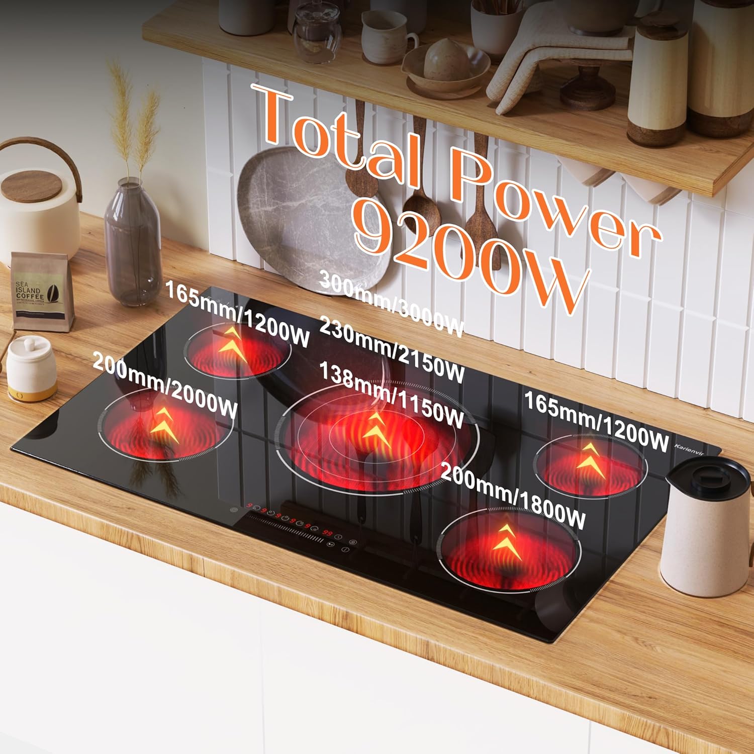 36 Inch Electric Cooktop, 5 Burner Electric Cooktop Bulit in, 9200W, 9 Power Levels, Electrics Stove with Timer, Safety Lock, Pause, 220V-240V Hard Wire - Image 2