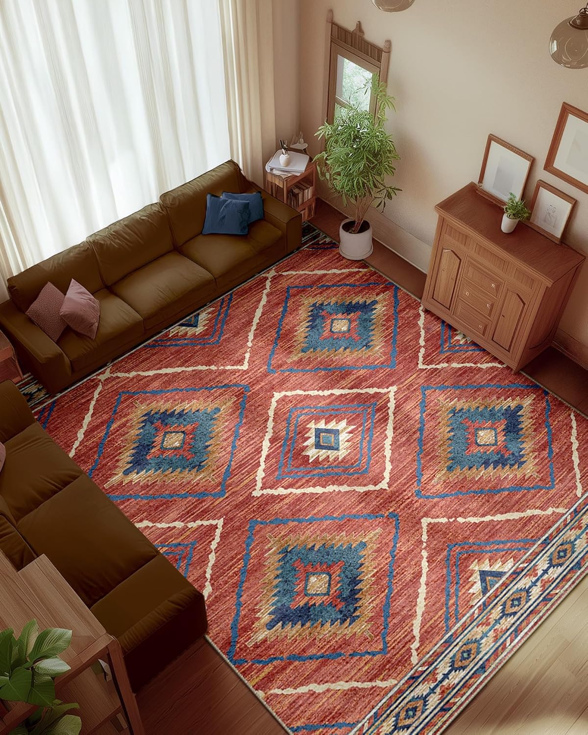 Area Rug 8x10 Rug Machine Washable Non-Slip Low Pile Print Pattern Western Rug for Living Room Bedroom Entryway Tribal Series -Red/Orange - Image 9