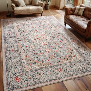Washable Rug 4x6, Beige Area Rugs Non Slip, Indoor Low Pile Carpet with Rubber Backing for Living Room Kitchen Bathroom Entryway Office Bedroom