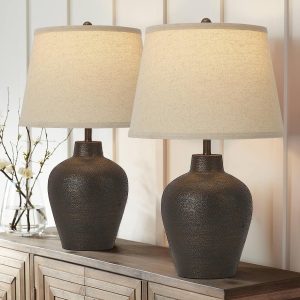 Farmhouse Rustic Table Lamps Set of 2 for Bedroom Living Room End Table Dark Brown Terracotta Nightstand Lamps Bedside Lamps Home Decor 21” Tall Resin Table Lamp, Bulbs Included