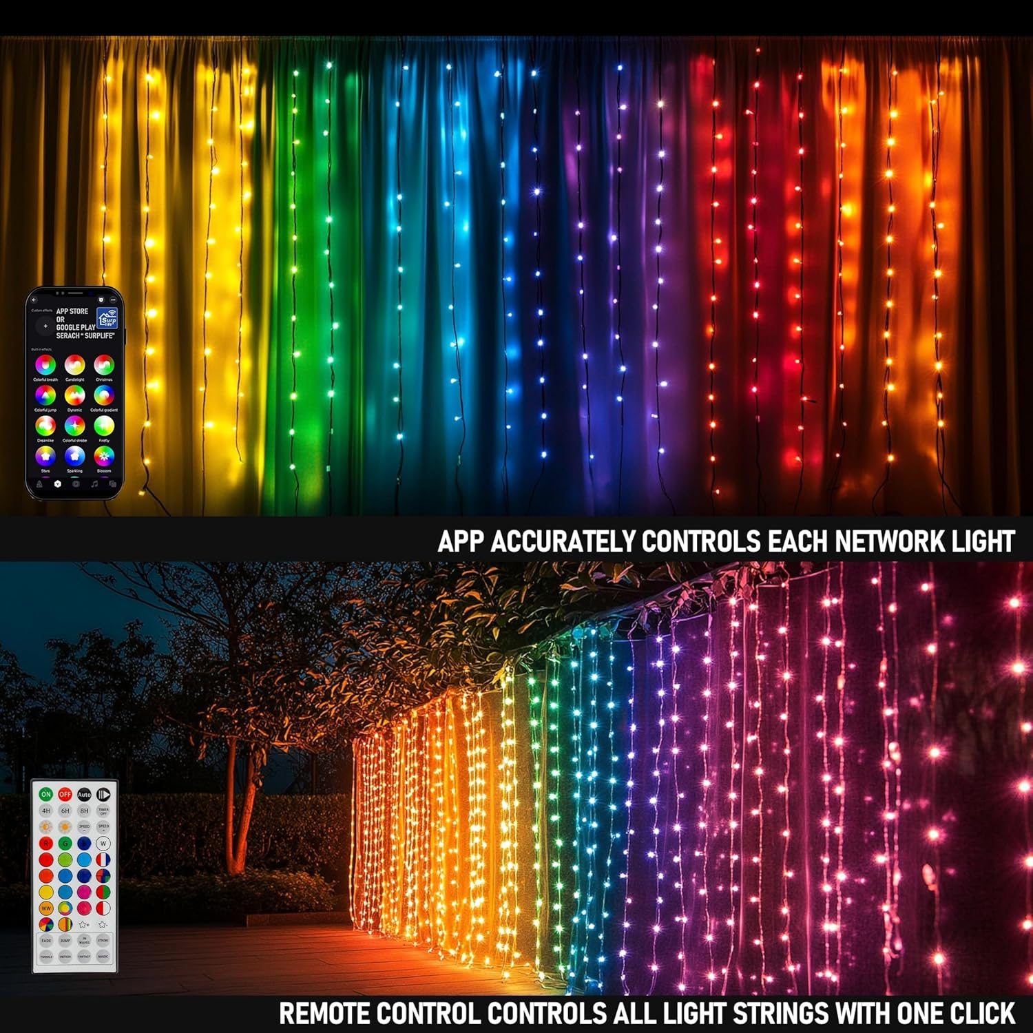 Dazzle Bright 300 LED Curtain String Lights, RGB Color Changing Christmas Fairy Lights for Bedroom with Remote & APP Control, Waterproof Smart Window Lights Party Wedding Garden Wall Decor - Image 2