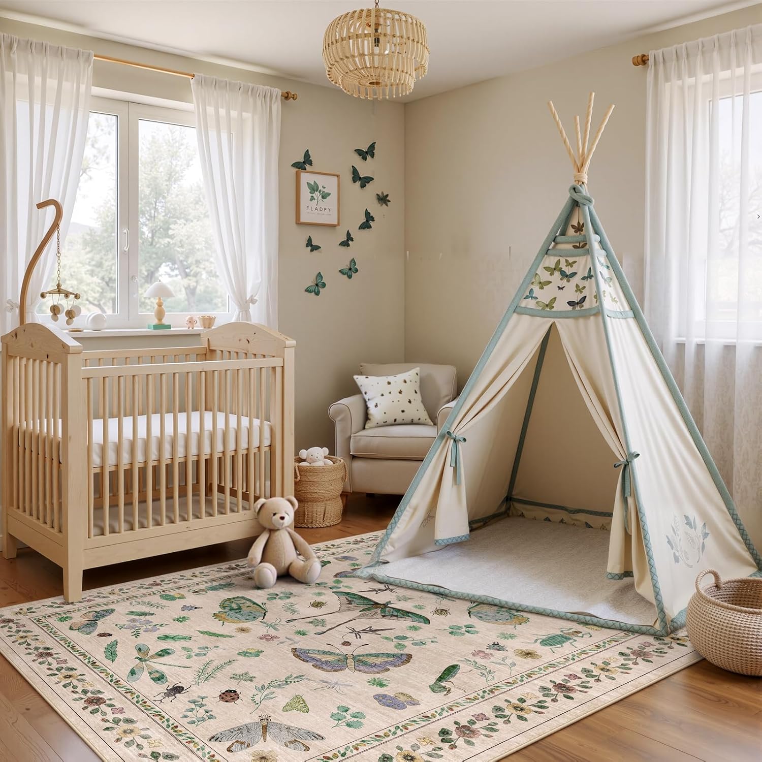 7x9 Low Pile Machine Washable Bug Rug - Indoor Non-Slip Insect Print Rug for Entryway, Living Room, Bedroom, Kitchen, Front Door, Laundry (7'x9' Beige Green) - Image 7