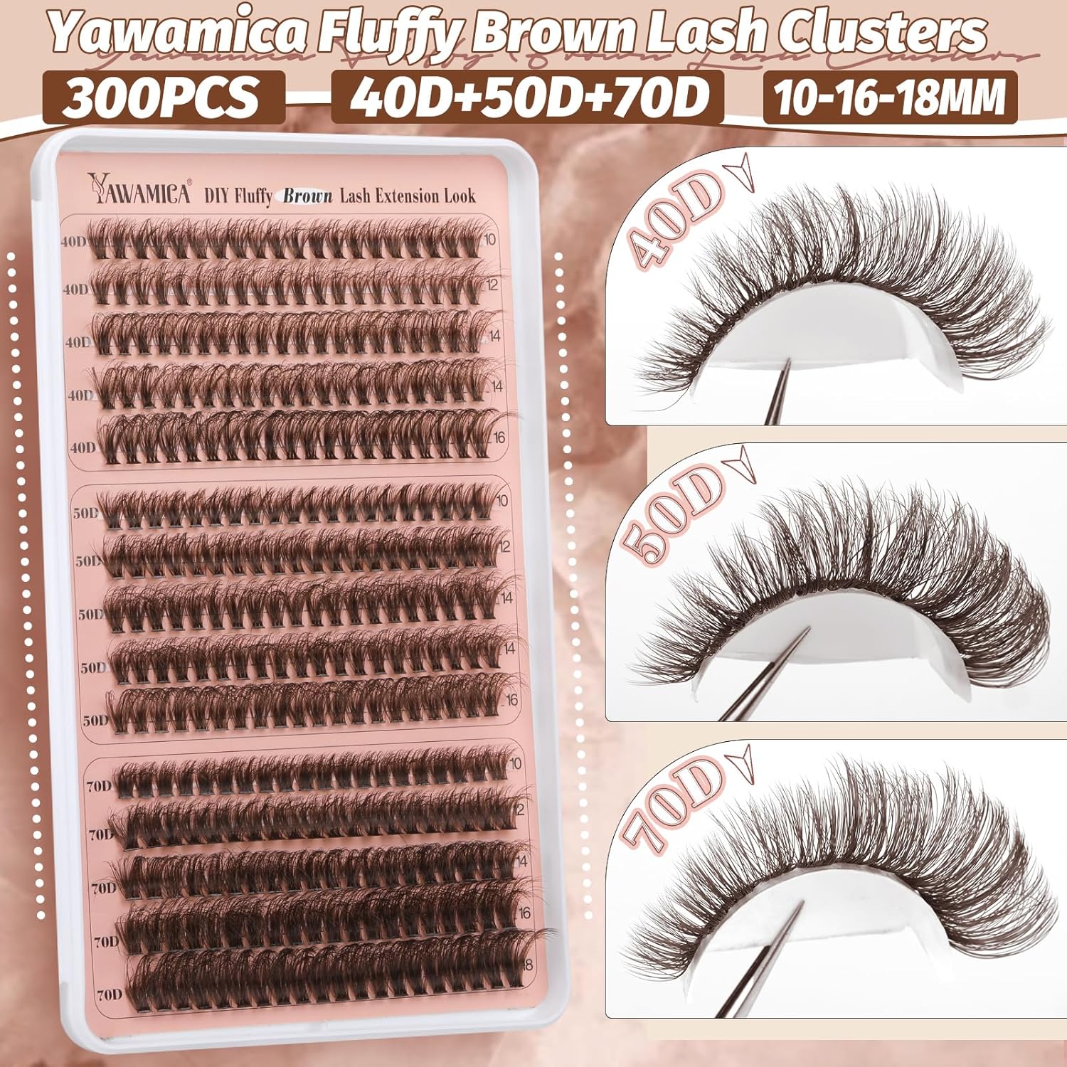 Yawamica Brown Lash Clusters Fluffier Eyelash Extension 10-16mm Individual Lashes D Curly Eyelash Clusters 40D+50D+70D Volume 300pcs Cluster Lashes Pestañas Pelo a Pelo DIY Lash Extension at Home - Image 5