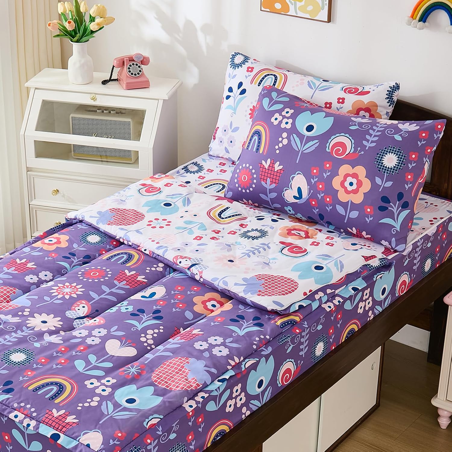 DJY Zipper Bedding Set Full, Purple Floral Bedding Sets for Girls, Kids Comforter Set with Fitted Sheet Pillowcases, All in One Zipper Bed Set for All Seasons