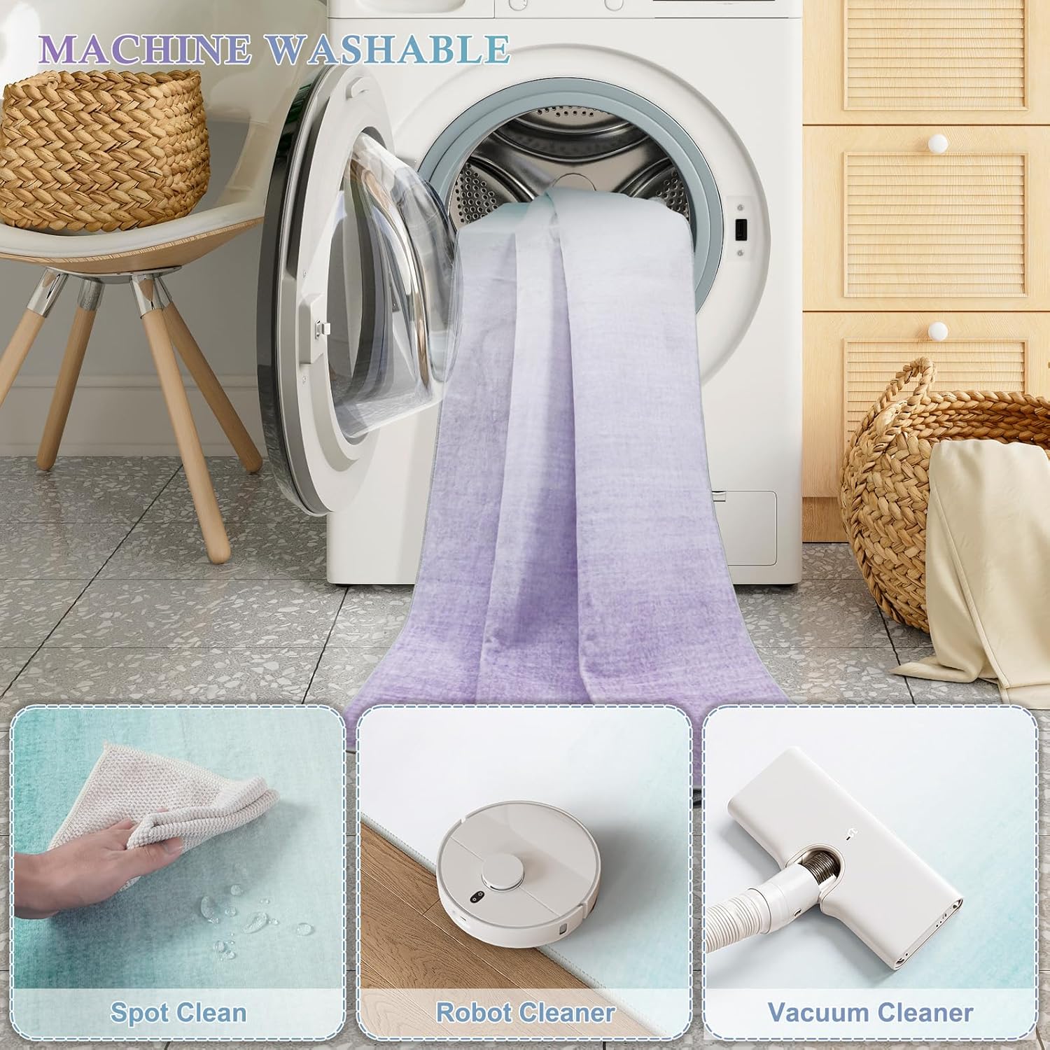 Machine Washable 5x7 Area Rugs for Living Room Ombre, Non Slip Purple Soft Low Pile Abstract Modern Cute Girls Rugs for Bedroom Indoor, Large Carpet Playroom Nusrery Kids Dining Office Room Rugs - Image 8