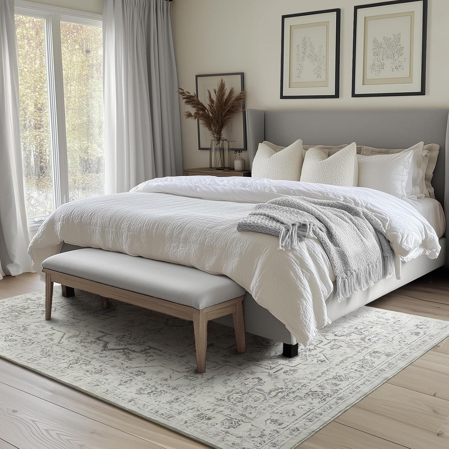 Distressed Farmhouse 5x7 Area Rugs for Living Room Bedroom Non Slip Washable, Medallion Pattern Printed Low Pile Thin Carpet Rugs for Dining Room/Kitchen/Home Office, Off White/Grey - Image 3