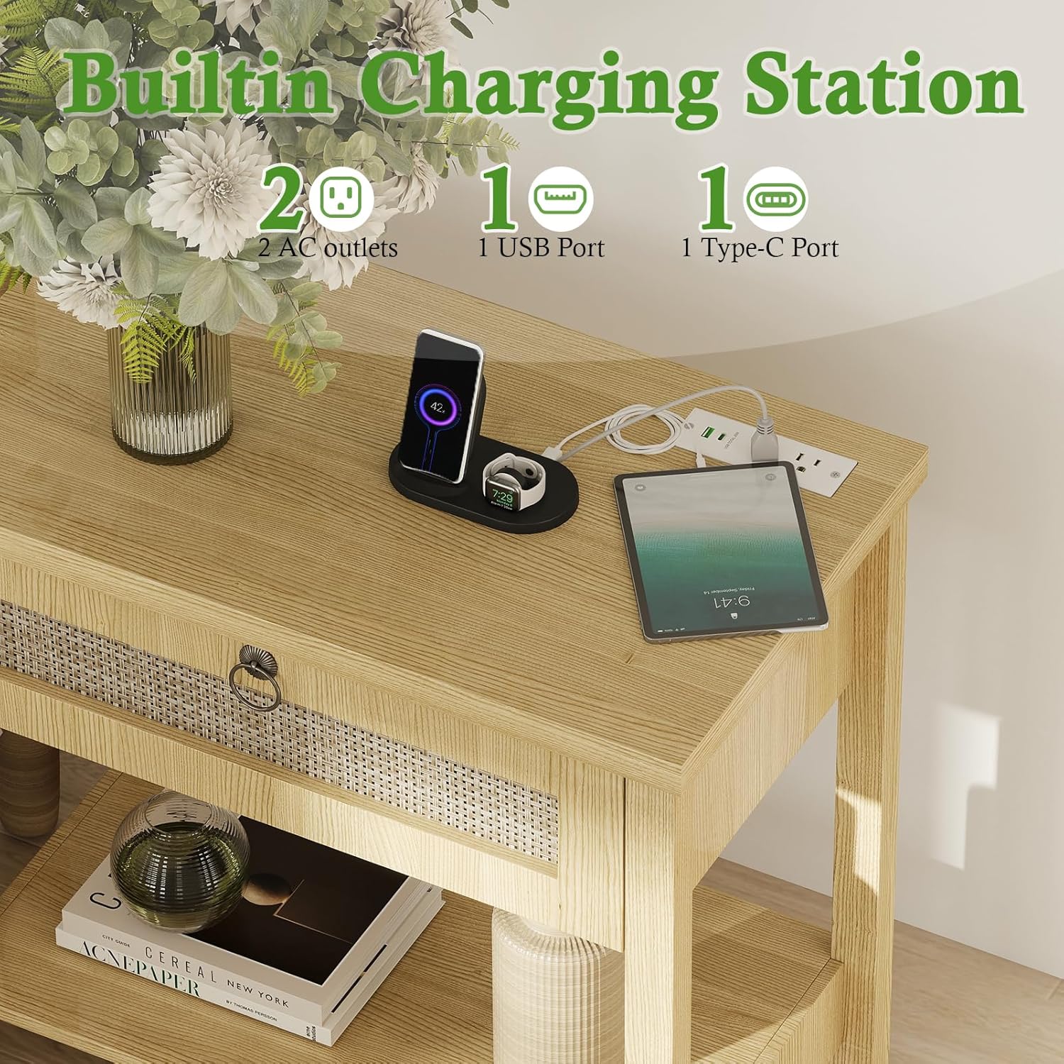 Large Nightstands with Charge Station, Modern Bedside Table with Drawer and Storage Shelf, Wood End Table Mid Century Night Stands for Bedroom Living Room Sofa Couch Office - Image 6