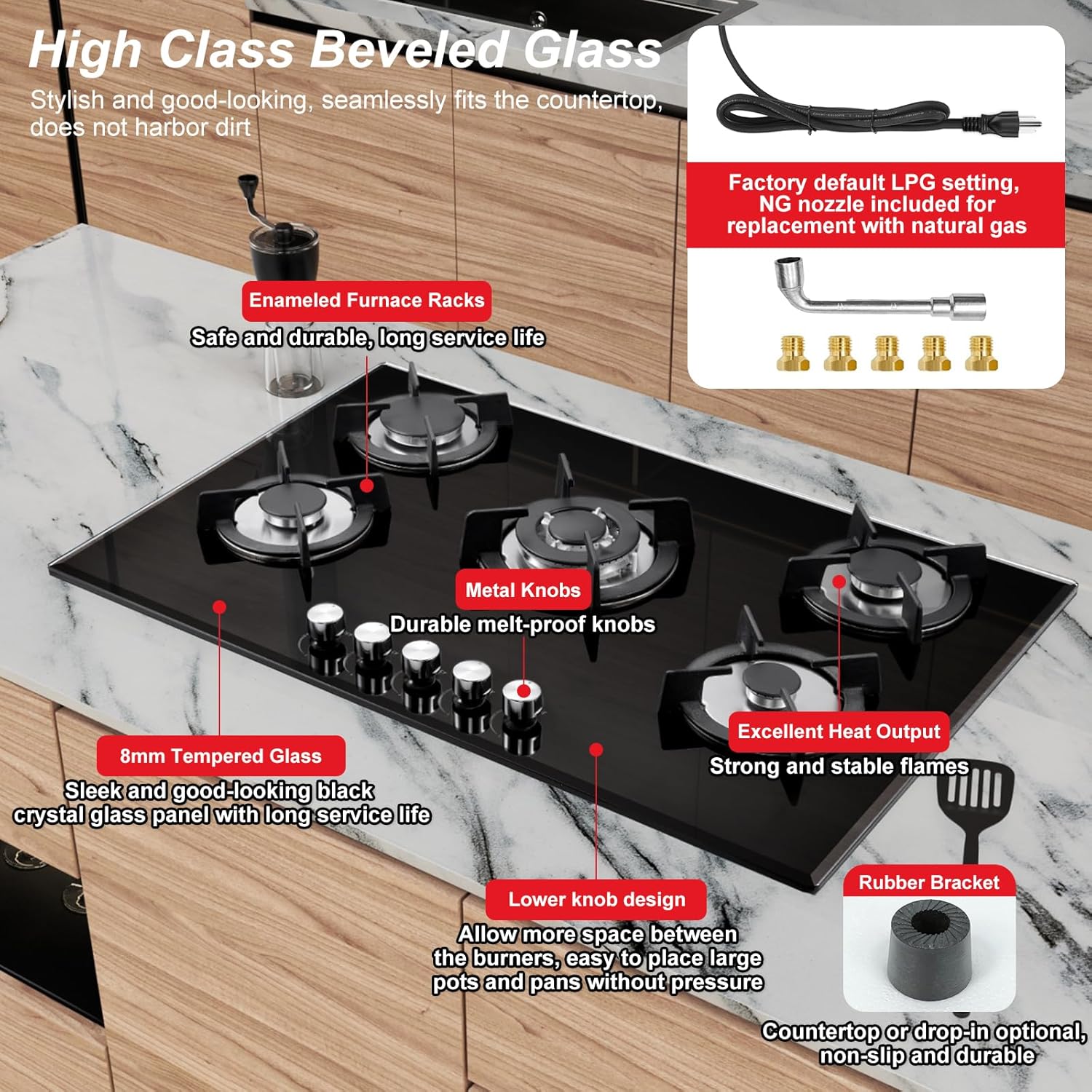 30 Inch Gas Cooktop with 5 Burners,Built-in Tempered Glass Stove Top, LPG/NG Convertible,35,900 BTU, Flame-Out Protection, Electric Ignition,Propane & Natural Gas Hob for Kitchen & RV - Image 5