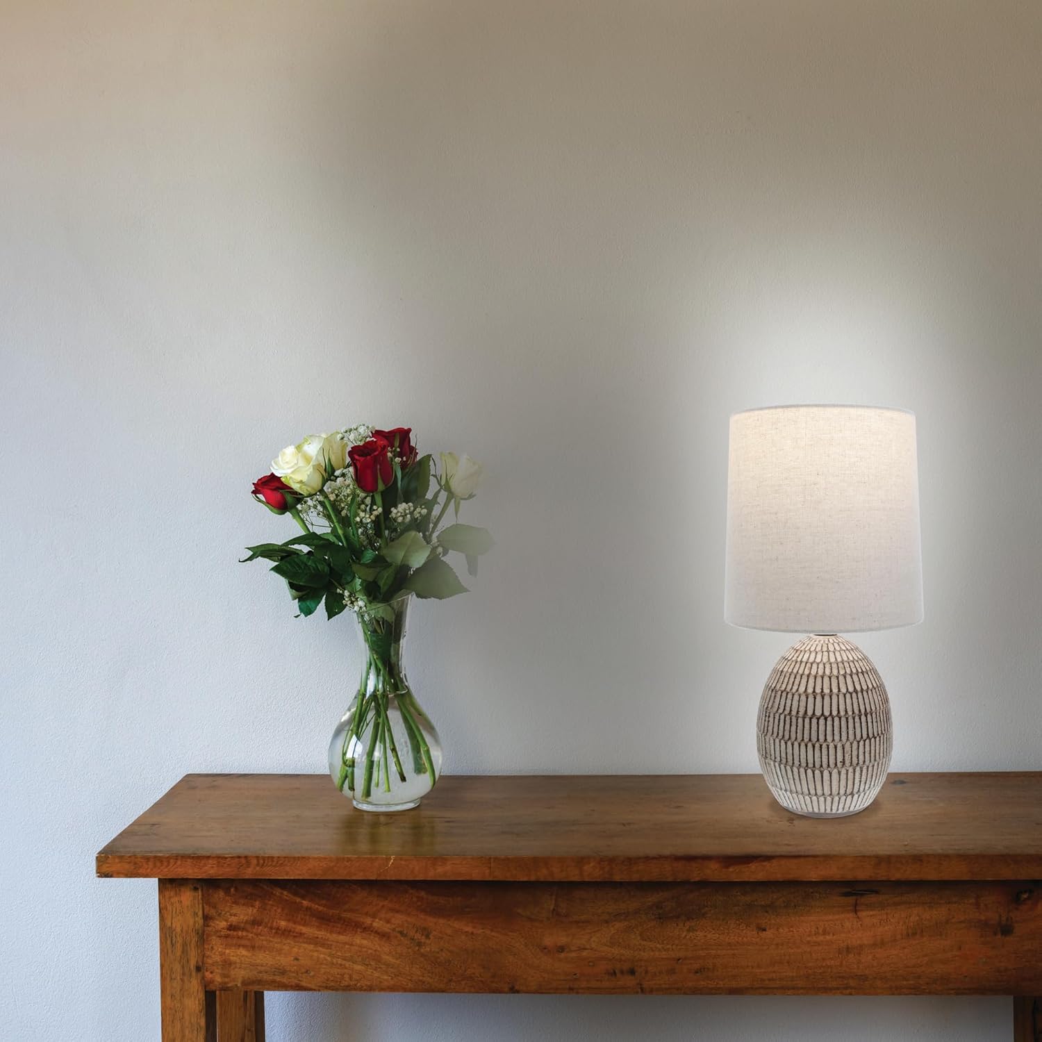 Xtreme Ceramic Table Lamp with Shade, 12.75” inch Carved Textured Table Lamp, Brown Modern Lamp with Beige Shade, Small Bedside Lamp for Bedroom Nightstand, Living Room, Requires E26 Bulb - Image 4