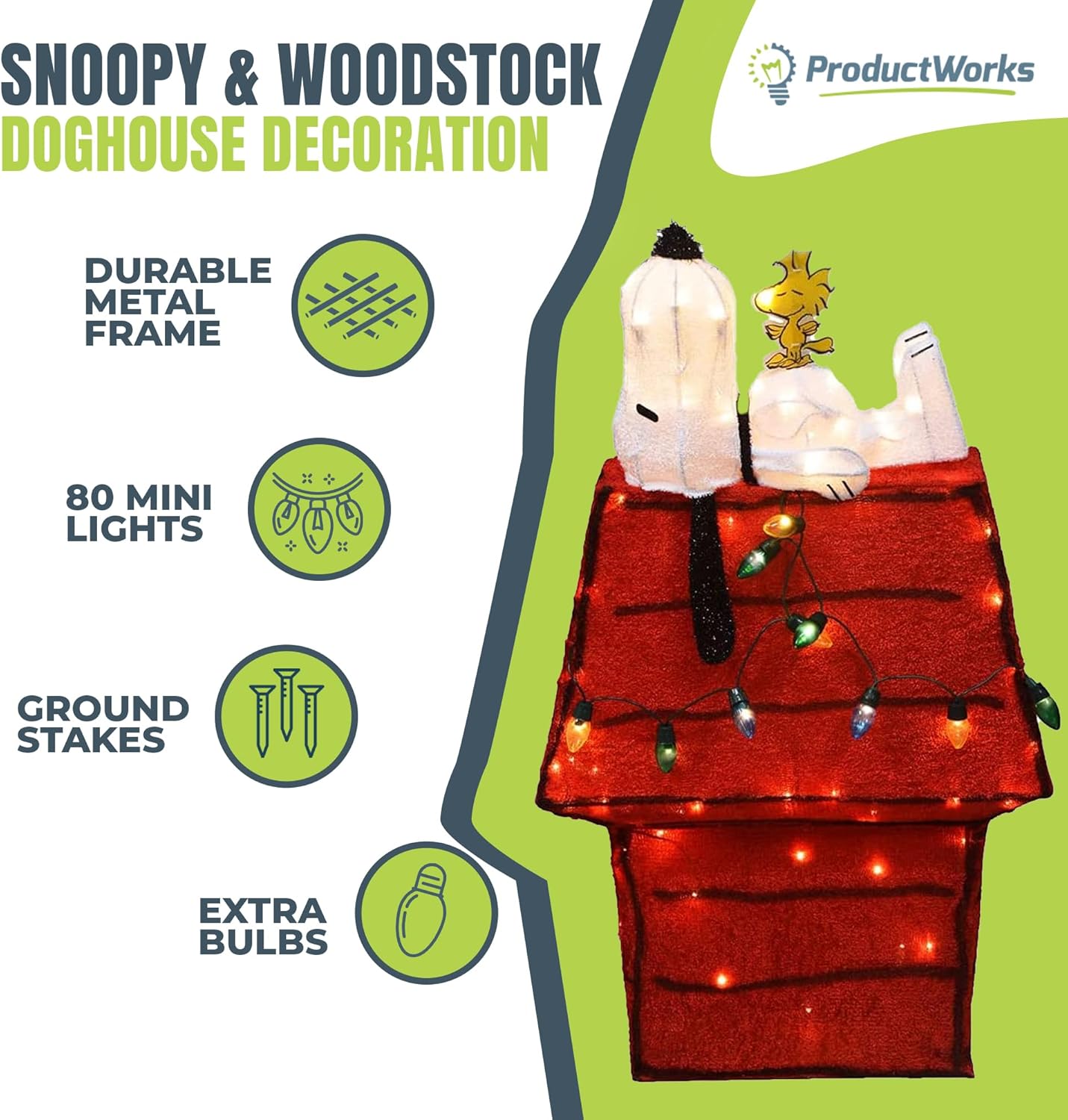 ProductWorks Peanuts Pre-Lit Snoopy and Woodstock Doghouse Indoor/Outdoor Christmas Yard Ornament, Holiday Display with 80 Lights, 32 Inches - Image 2