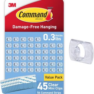 Command Indoor Mini Light Clips, Damage Free Hanging Christmas Light Clips, Mini Wall Clips for Hanging Indoor Christmas Decorations, Lights and Cables, 45 Clear Clips and 54 Command Strips