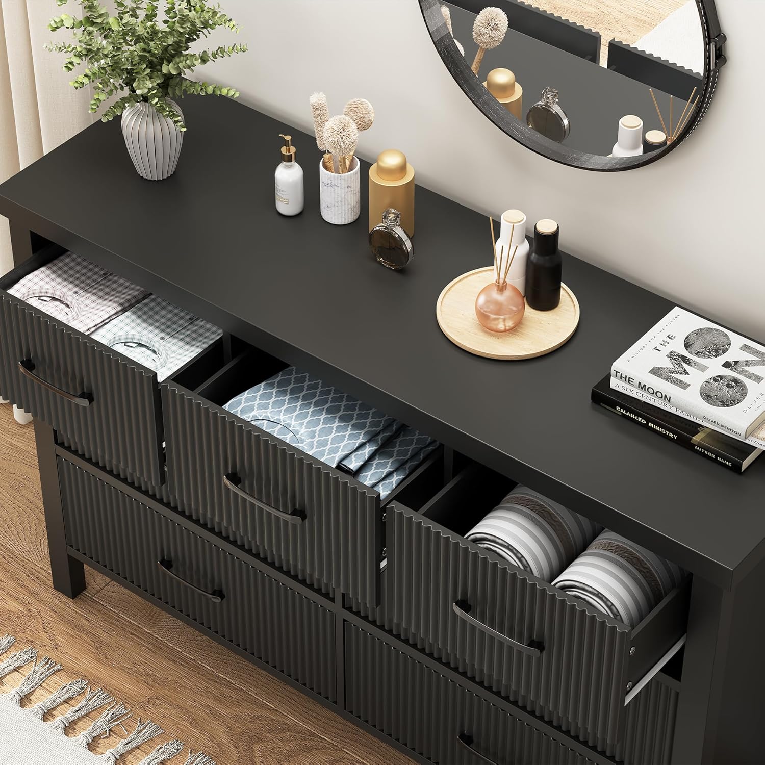 Fluted 7 Drawers Dresser for Bedroom, Modern Chest of Drawers with Metal Handle, Wood Dresser TV Stand, Wooden Closet Clothes Storage Organizer for Living Room, Hallway (Black) - Image 3