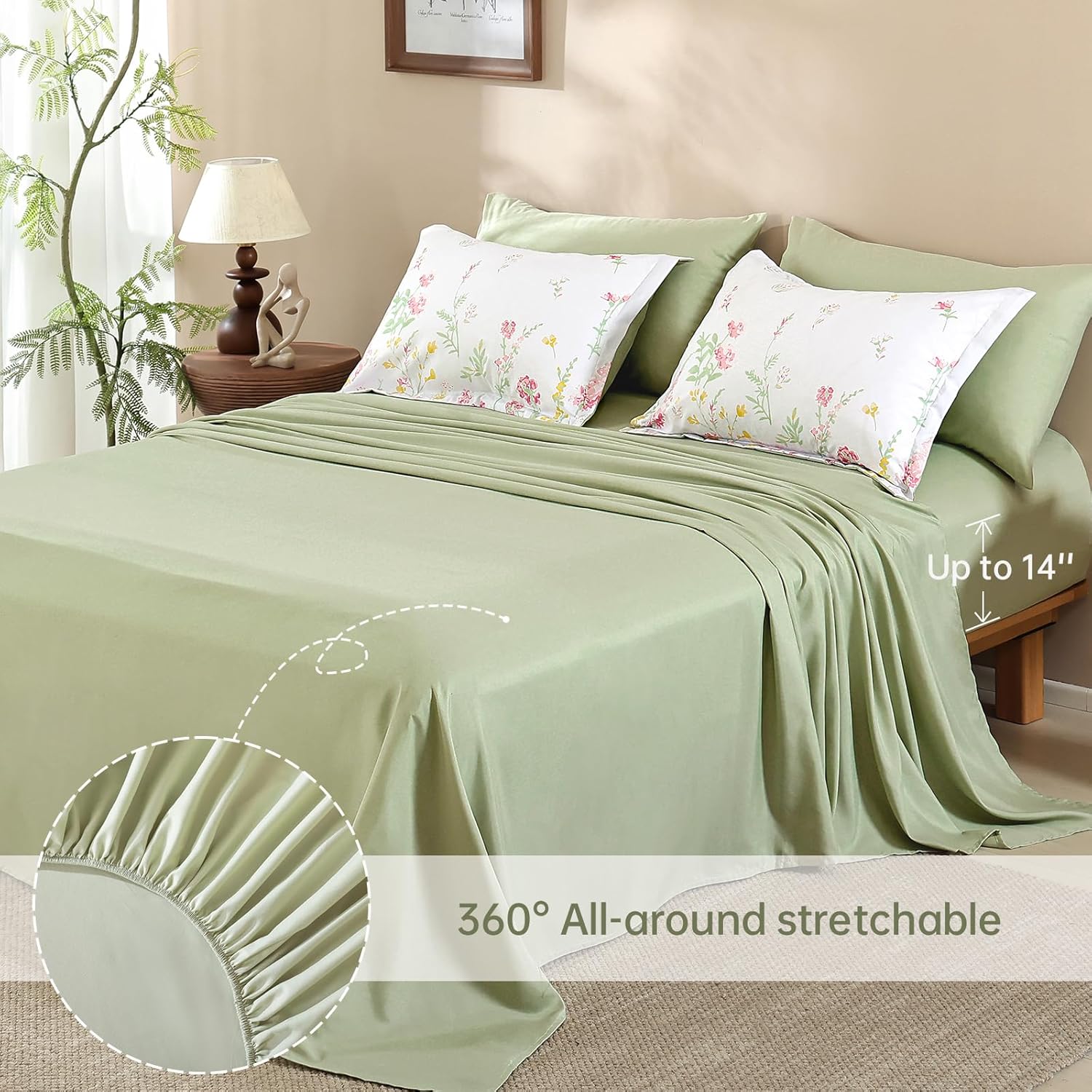 Yiran 7 Piece Pink Green Floral Comforter Set Queen Size, Cute Watercolour Botanical Comforter Bedding Set, Bed in a Bag Queen, Soft Microfiber Complete Bedding Set with Sheets for All Season - Image 5