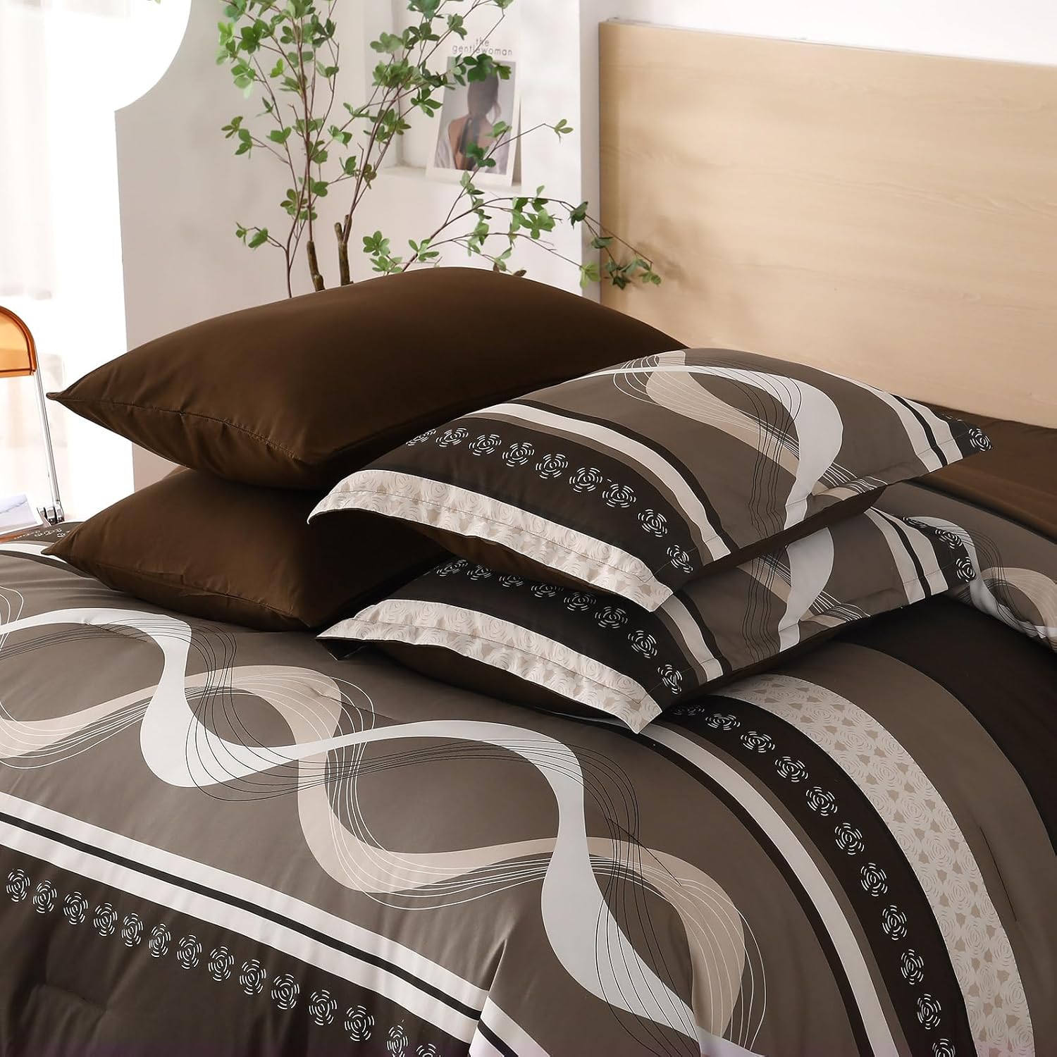 Brown Comforter Set King Size, 8 Pieces Bed in a Bag Patchwork Striped Comforter Set, Soft Microfiber Boho Bedding Set for All Season(90"×104") - Image 7