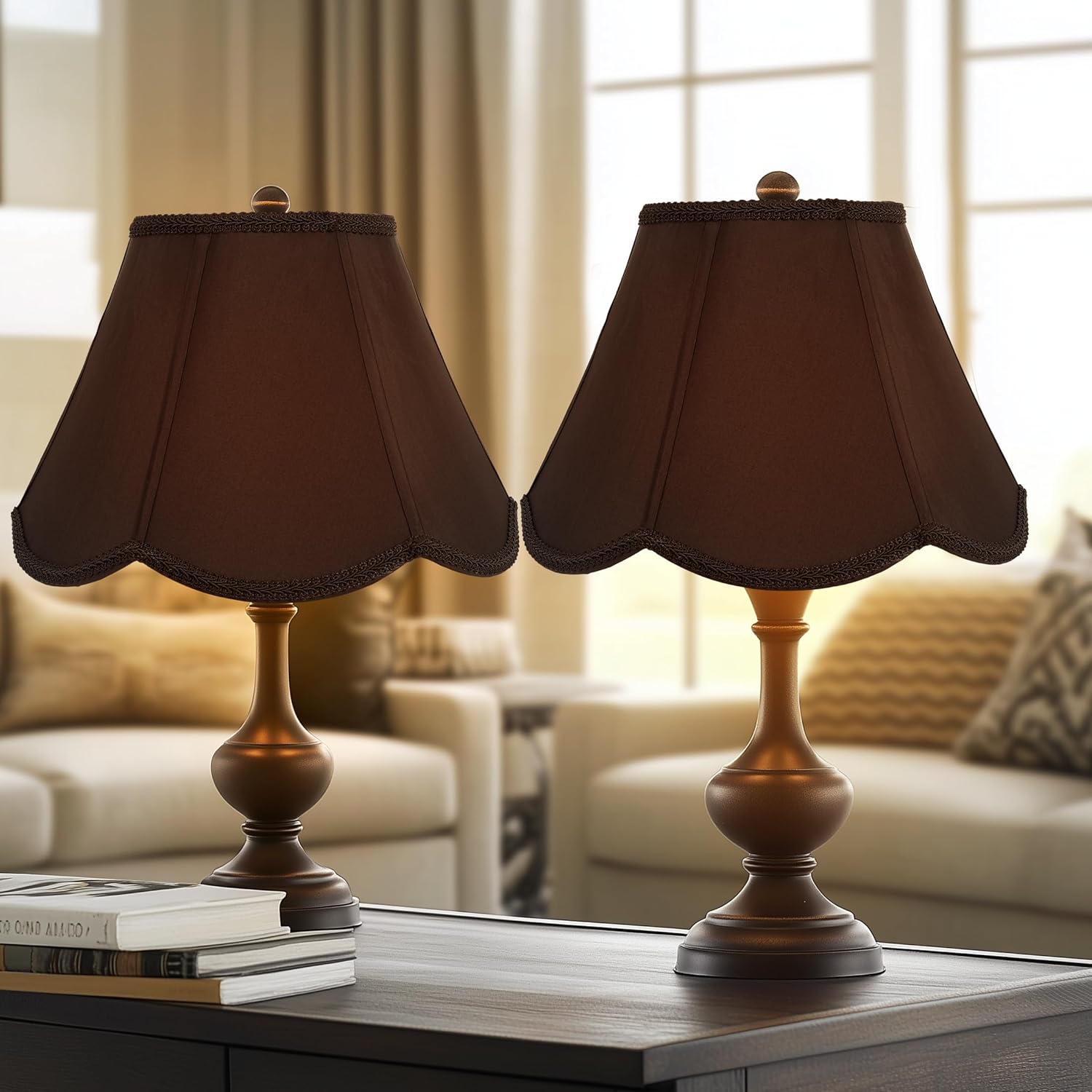 Bell Lamp Shades Set of 2, 7" Top x 14" Bottom x 10" Height, Lamp Shades for Table Lamps & Floor Light, Black Fabric Lampshades with Petal Edge Braid, Easy Assembly, Spider - Image 3