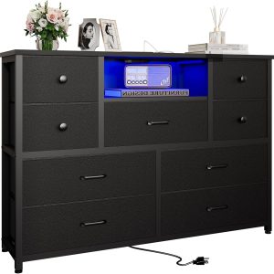 Dresser for Bedroom with 9 Drawers, Black Storage Organizer TV Stand for 55" TV with LED Lights and Sockets, Fabric Chest of Drawers with PU Finish for Kid Room, Entryway, Living Room, Hallway