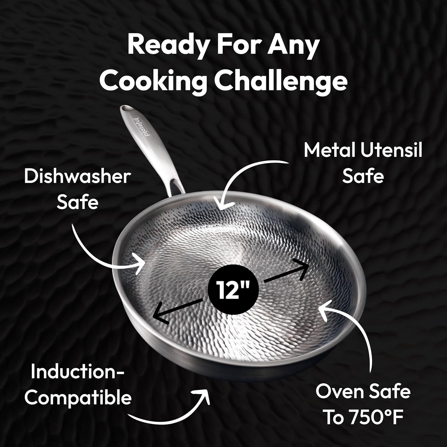 Plateful Titanium Pan For Cooking 12" - Pure, No Coating Non-Stick Titanium Cookware, Frying Pans, Hammered Pan, Safe For Oven, Induction & Cooktops Up To 750°F, Includes Lid - Image 5