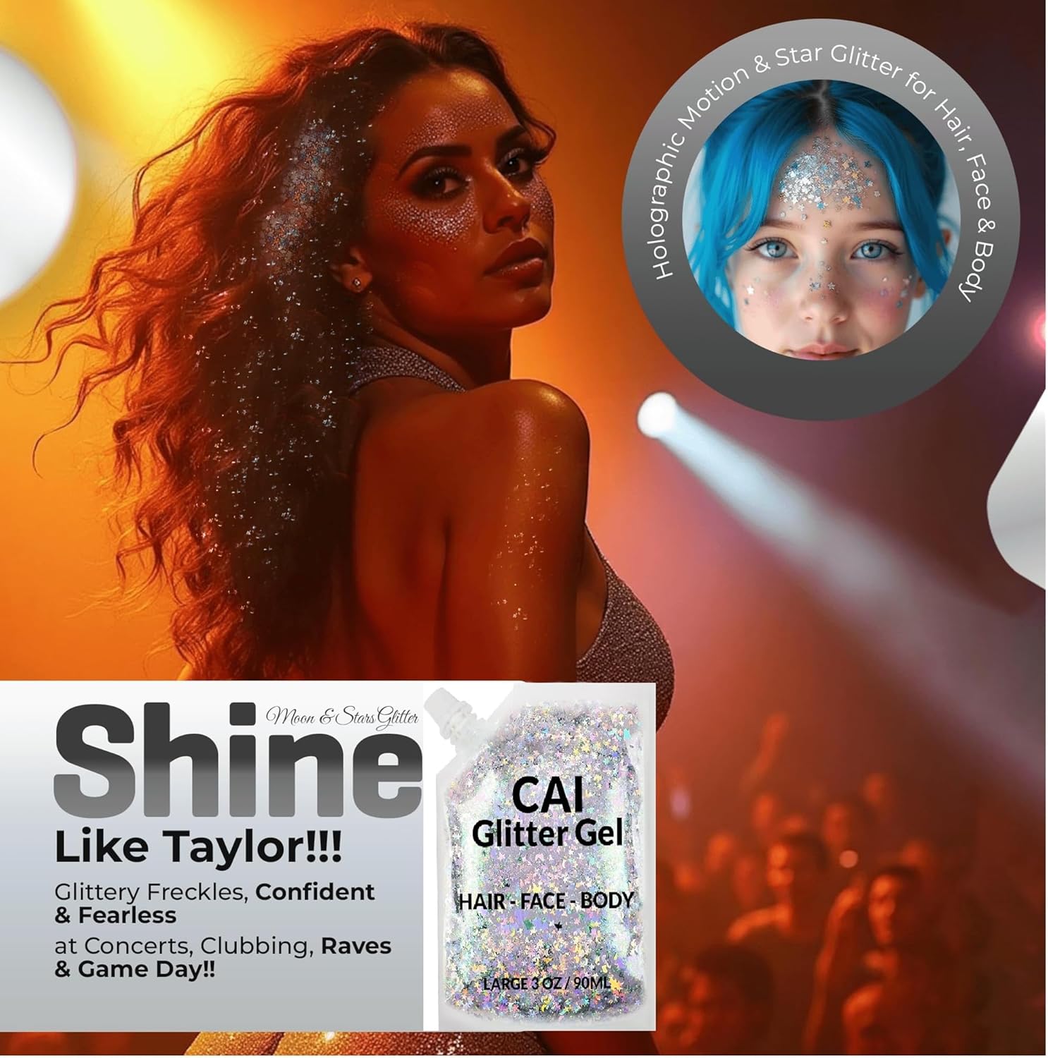 Face, Body & Hair Glitter Gel – Halloween Glitter for Kids and Women – 3 Oz Cosmetic-Grade Gel w/Moon & Stars for Festivals & Halloween Party, Easy Apply & Wash Off - Silver 1Pack - Image 4