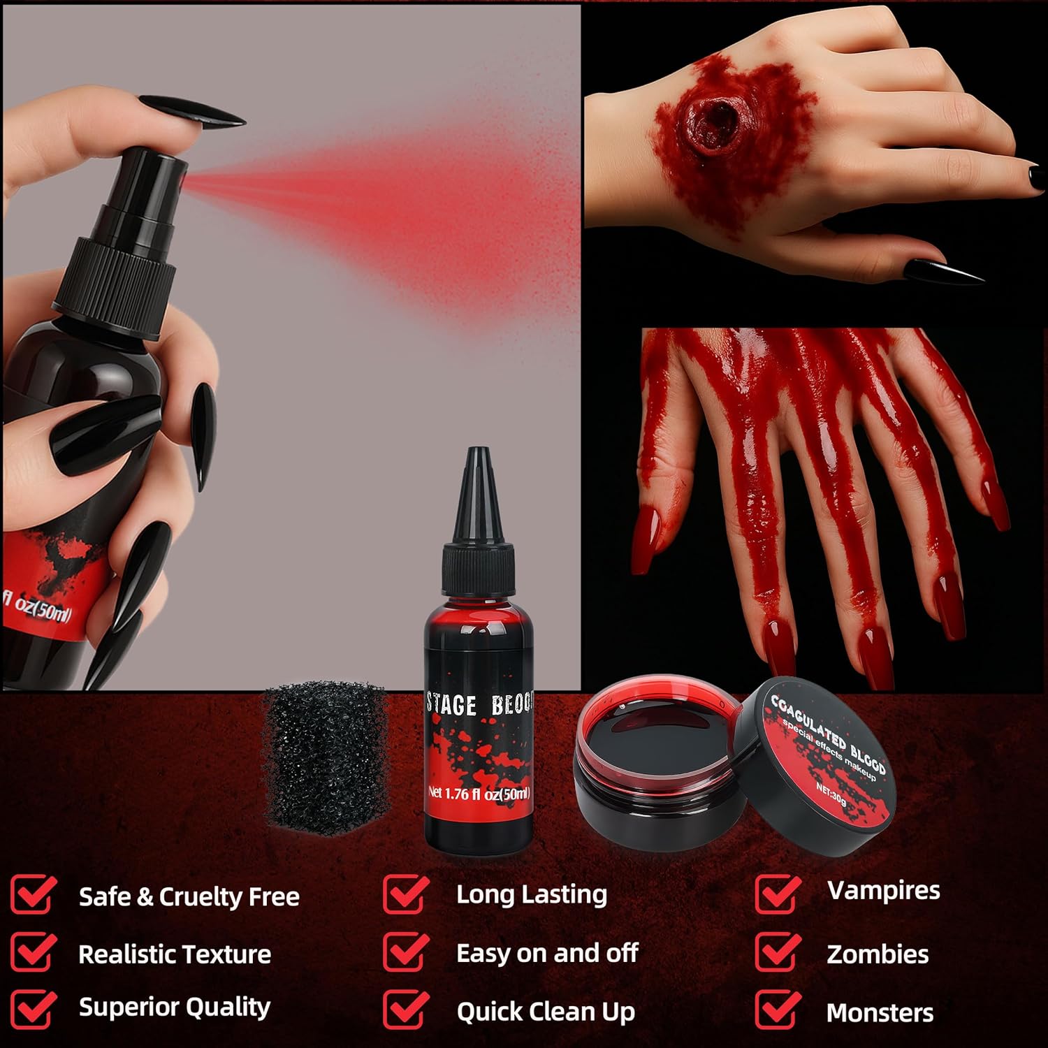 3PCS Halloween Fake Blood Makeup Kit - Coagulated 1.06oz + Spray 1.76oz + Dripping 1.76oz , Realistic Washable SFX Makeup for Zombie Costumes , Perfect for Spooky Season - Image 2