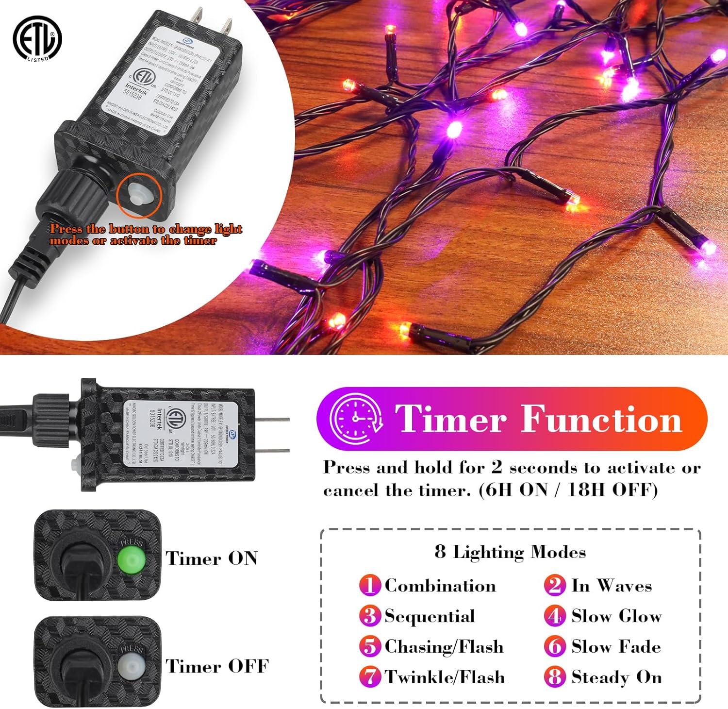 Halloween String Lights Plug in,33FT 100 LED String Lights with 8 Modes & Timer, Halloween Decorations for Party Carnival Supplies, Outdoor Indoor Yard Garden Decor, Purple & Orange - Image 2
