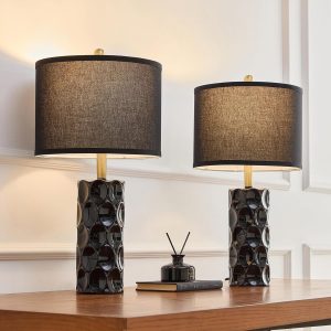 24" Modern Ceramic Table Lamp Set of 2 Bedroom Lamps, 3 Color Dimmable Bedside Lamps for Living Room Farmhouse Nightstand Lamp(Rotary-Black)