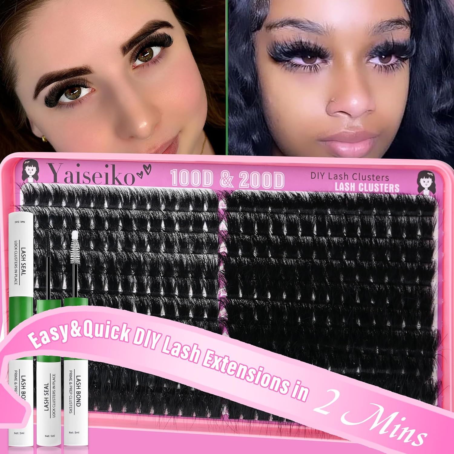 Lash Clusters Kit 100D+200D Thick Volume Eyelash Clusters Kit 12-25mm Wispy Individual Lashes D Curl Long Cluster with Lash Bond and Seal Waterproof DIY Lash Extension Kit(KIT-280PCS) - Image 6