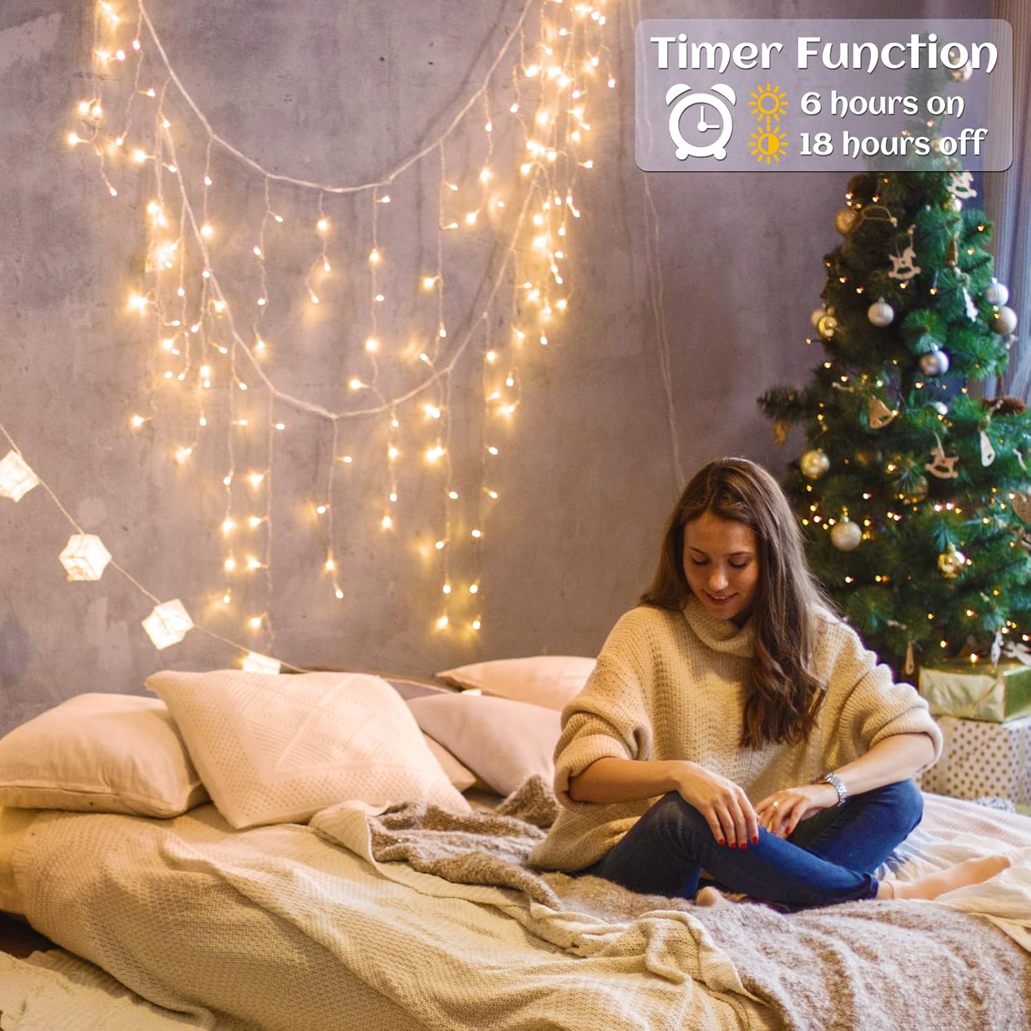 Icicle lights Outdoor - 33ft Christmas Lights with 400LED 75 Drops 8 Modes, Plug in Curtain String Lights Waterproof for Holiday Wedding Party Home Garden Bedroom Indoor Decoration, Warm White - Image 9