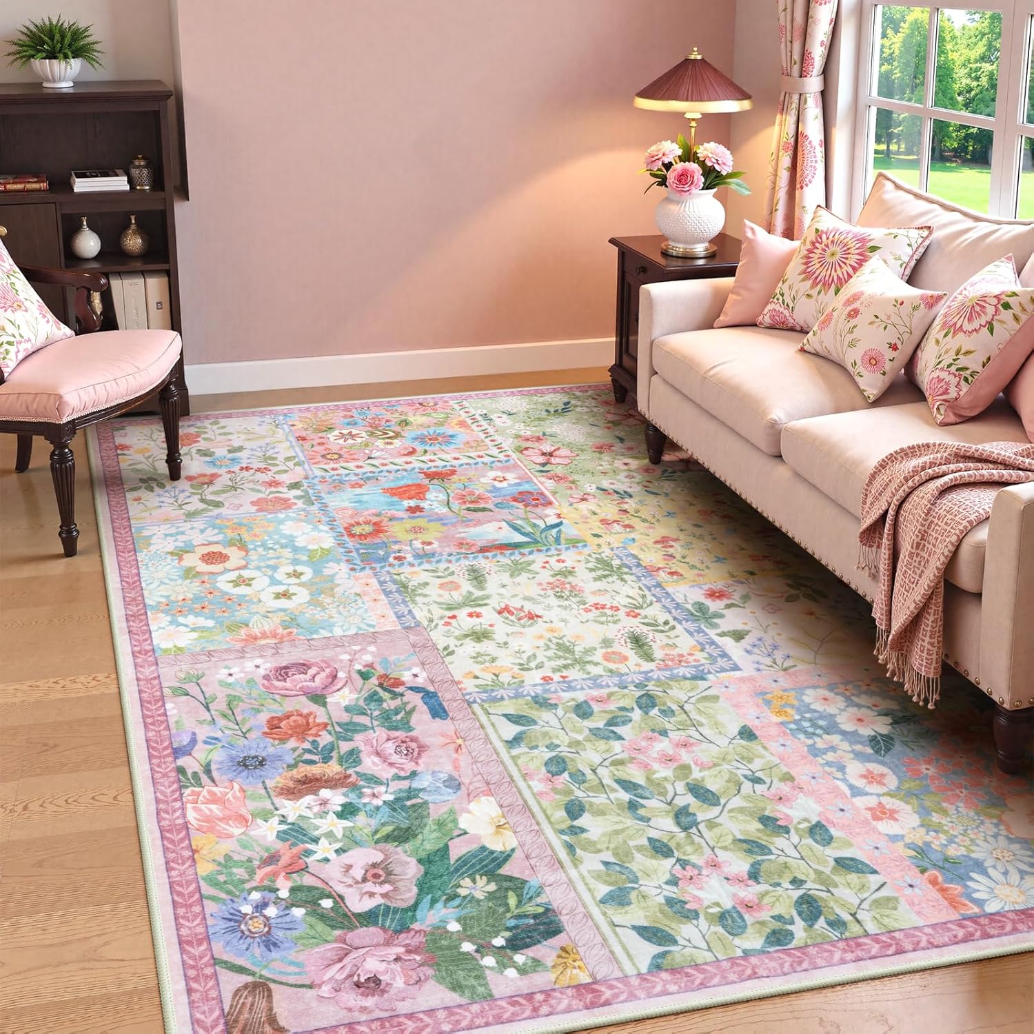 LIVEBOX 5 x 7 Pink Rugs for Bedroom Girls, Soft Patchwork Pink Rug for Living Room, Non-Slip Nursery Rug Girl, Washable Rugs 5x7 Carpet for Playroom - Image 2