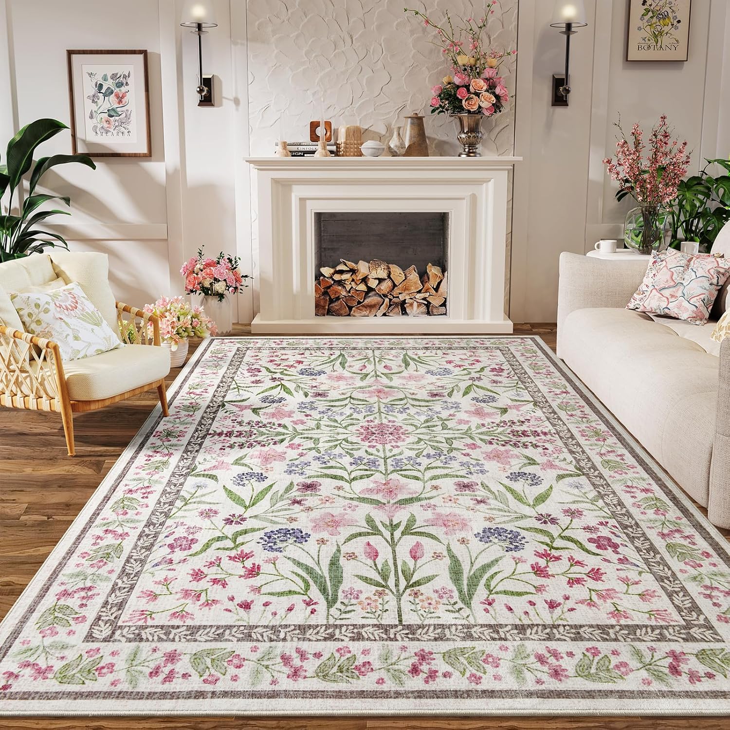 Amearea 6×9 Feet Floral Area Rugs for Living Room, Boho Pink Rugs for Bedroom Girls, Cute Kids Room Print Carpet Vintage Low Pile Machine Washable Area Rug, Office Nursery Dining Room Farmhouse Decor