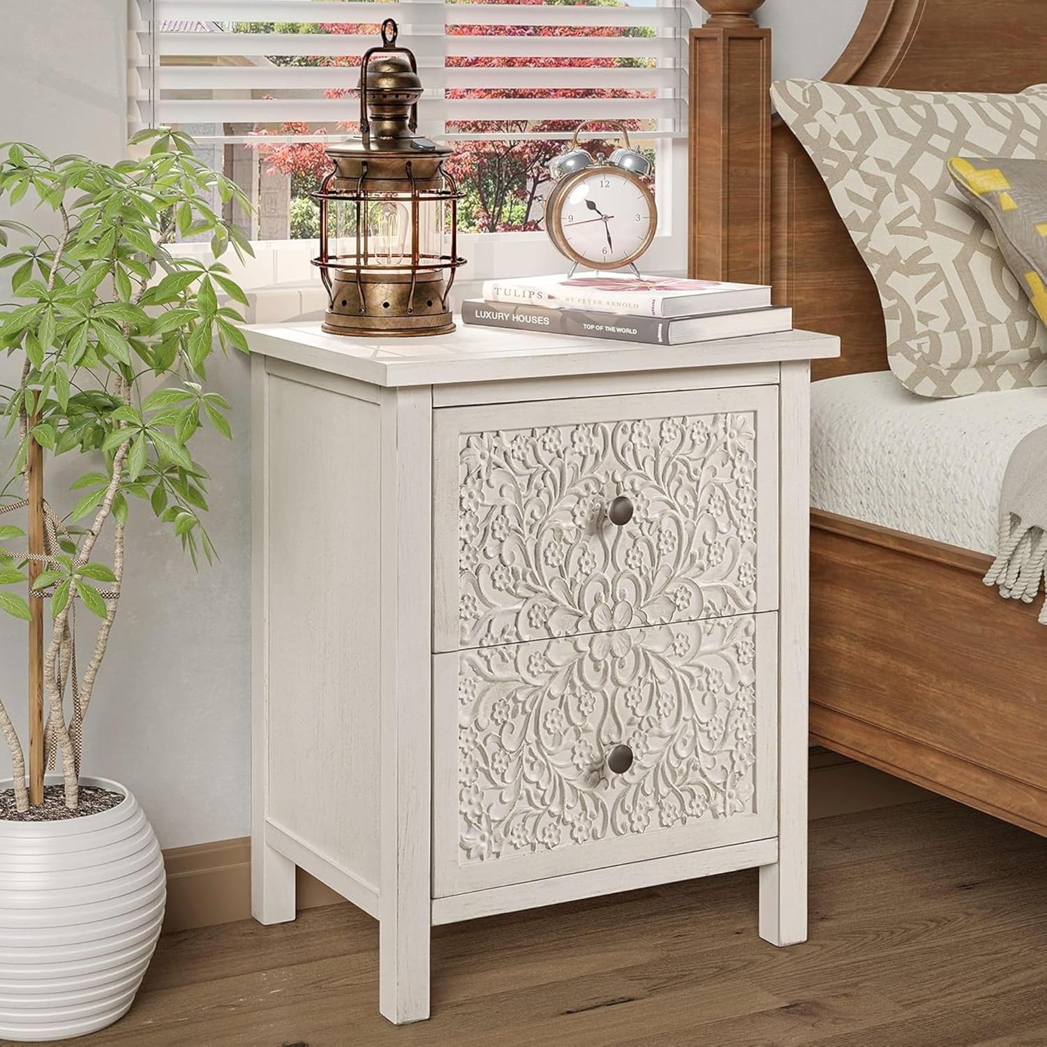 COZAYH 2-Drawer Carved Wood Nightstand, White w/ Distressed Finish – Bedside Table w/ Floral Patterns & Antique Bronze Knobs – Pre-Assembled Farmhouse Bedroom Furniture for Small Spaces - Image 2