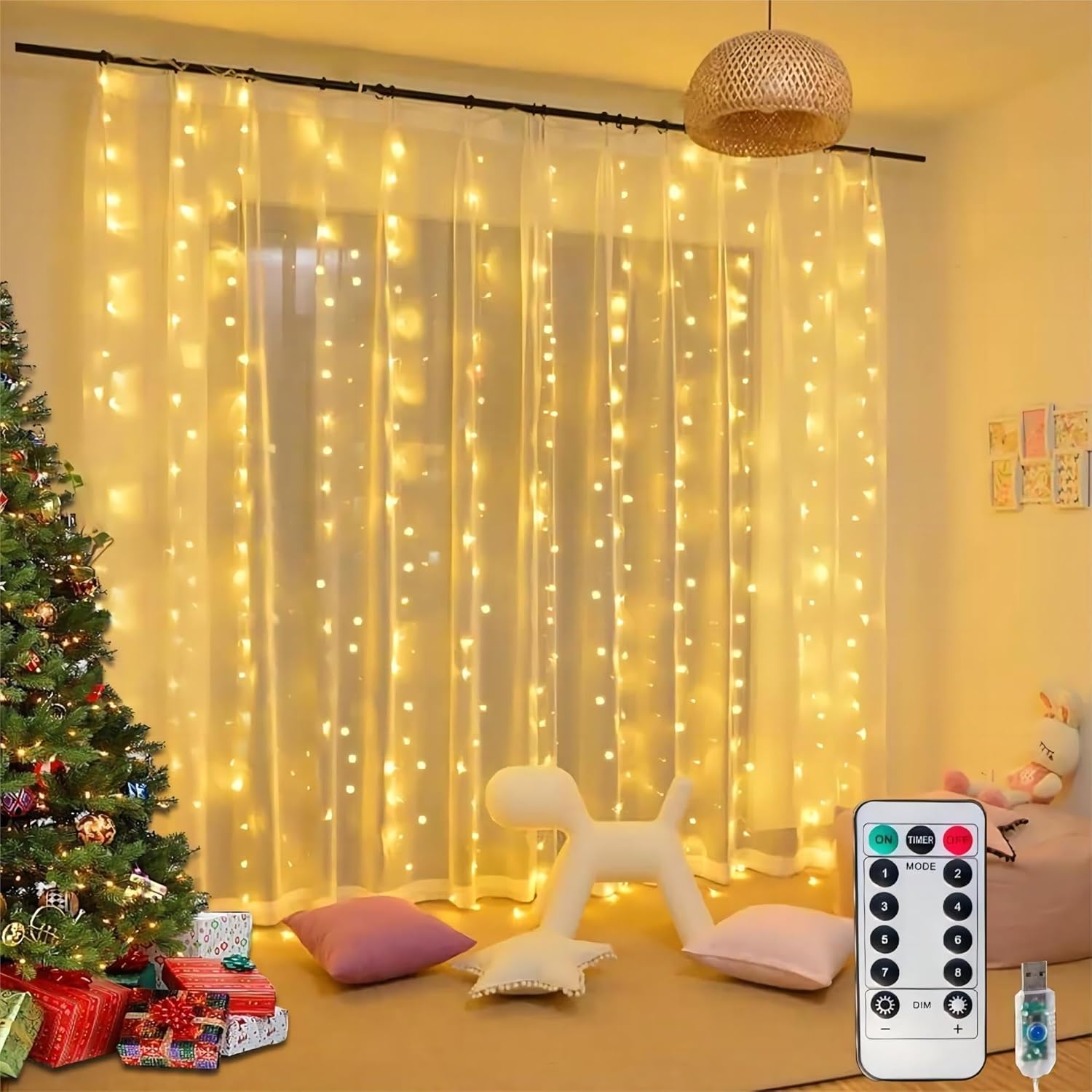 Honche 300Led Fairy Curtain String Lights 10x10ft with Remote Window Lights for Bedroom Wedding Party Festive Season Propose Christmas Decoration(Warm White)