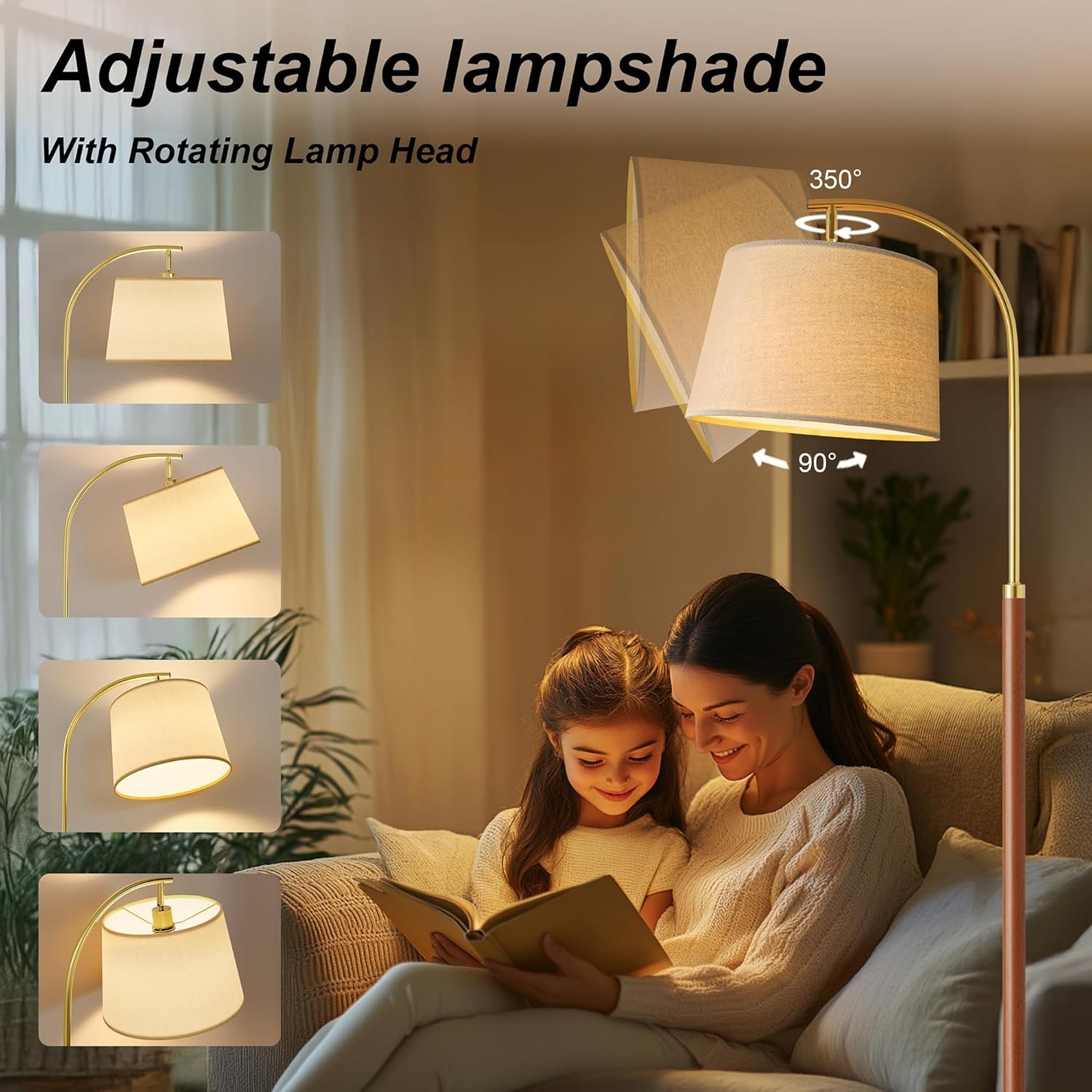 62.5" Wood Floor Lamp for Living Room Gold with Foot Switch Arc Standing Tall Lamps for Bedroom Mid Century Modern Corner Floor Lamps for Office Nursery Industrial Reading Light Room Lamp - Image 4