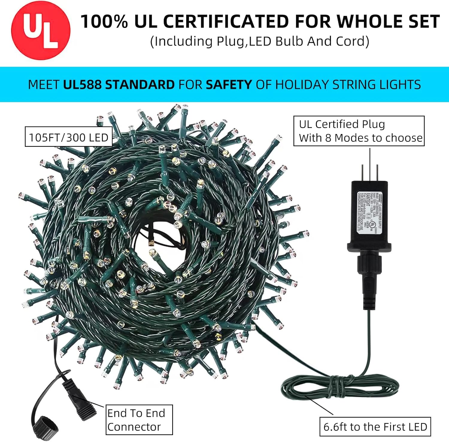 105FT 300LEDs Christmas Lights Outdoor Indoor String Lights 8 Modes Memory Function for Christmas Tree Party Decoration, 100% UL Listed (4 Sets CONNECTABLE) Multi-Color - Image 6