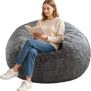 Bean Bag Chair Cover Without Filler,Round Soft Fluffy PV Velvet Washable Bean Bag Lazy Sofa Bed Cover for Adults,Living Room Bedroom Furniture Outside,3ft Dark Grey(No Filler)