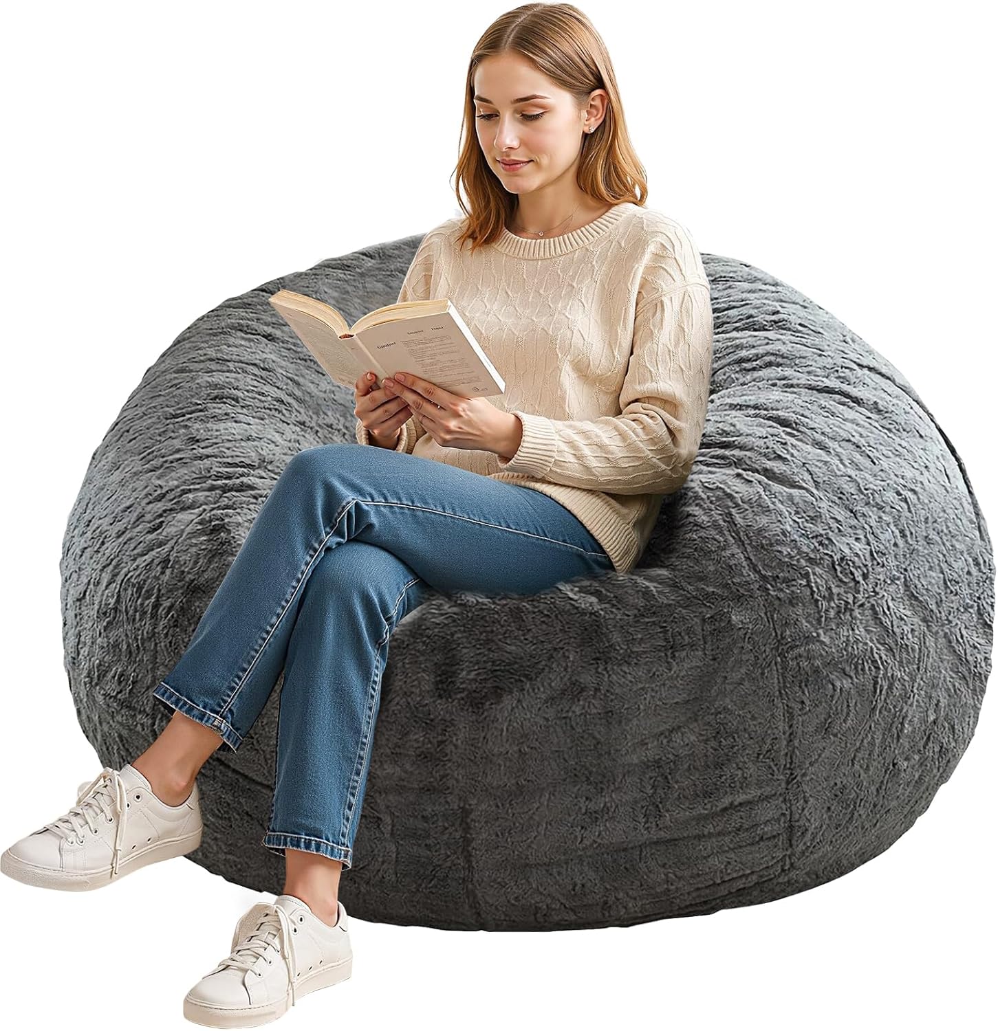 Bean Bag Chair Cover Without Filler,Round Soft Fluffy PV Velvet Washable Bean Bag Lazy Sofa Bed Cover for Adults,Living Room Bedroom Furniture Outside,3ft Dark Grey(No Filler)