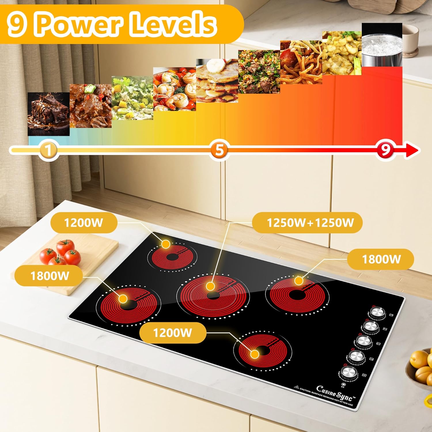 36 Inch Electric Cooktop, 5 Burner Ceramic Stove Top with 9 Power Levels, Knob Control, Auto shutdown and Residual Heat Warning, 8500W, 220-240V for Hard Wire - Image 4