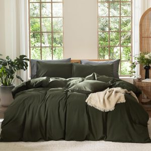 MooMee Bedding Duvet Cover Set 100% Washed Cotton Linen Like Textured Breathable Durable Soft Comfy (Solid Olive Green, Queen 90"x90")