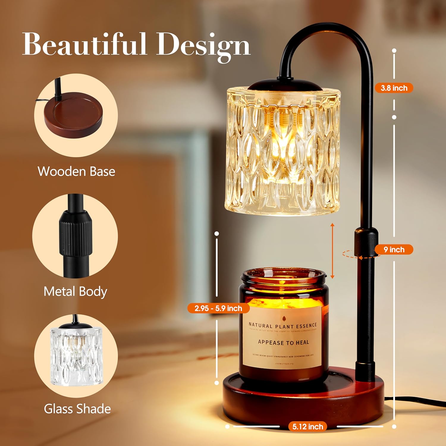 Briever Dimmable Candle Warmer Lamp with Timer, Height Adjustable Electric Candle Wax Warmer, Christmas Birthday Gifts for Women Mom, House Warming Gifts New Home Room Decor, Walnut Solid Wood Base - Image 6