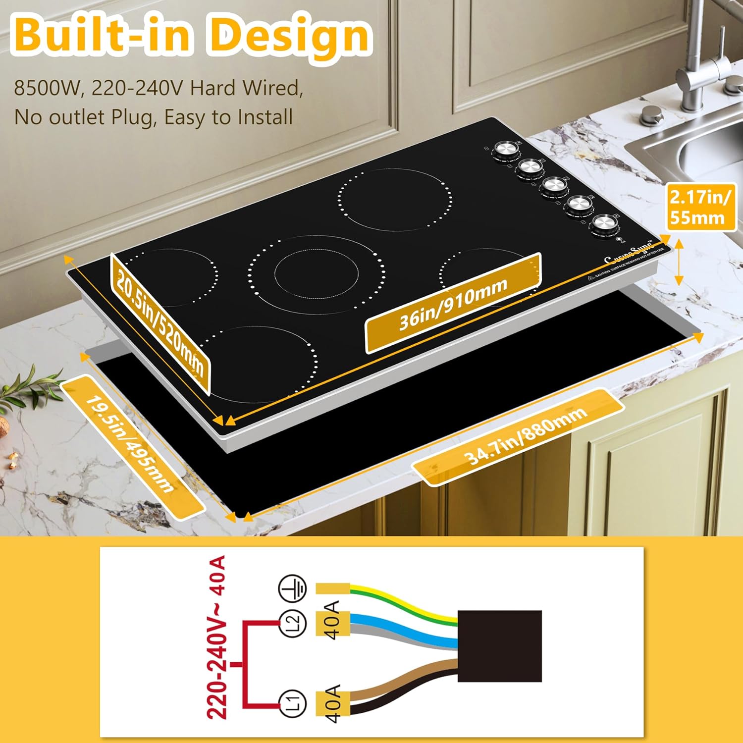 36 Inch Electric Cooktop, 5 Burner Ceramic Stove Top with 9 Power Levels, Knob Control, Auto shutdown and Residual Heat Warning, 8500W, 220-240V for Hard Wire - Image 2