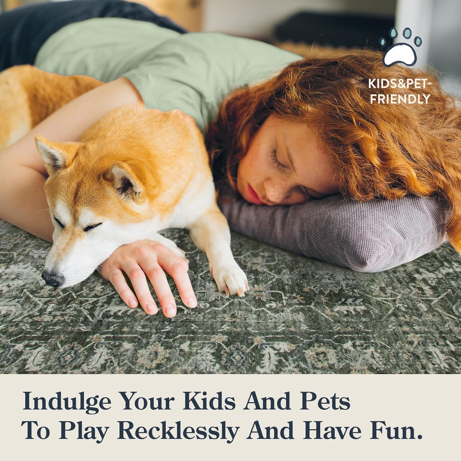 Lahome Washable Area Rugs 5x7 Green Rugs for Living Room,Boho Rug for Bedroom,Dining Room Carpet for Under Table, Distressed Non Slip Low Pile Carpet for Indoor Home Office Nursery(5'x7',Green) - Image 5