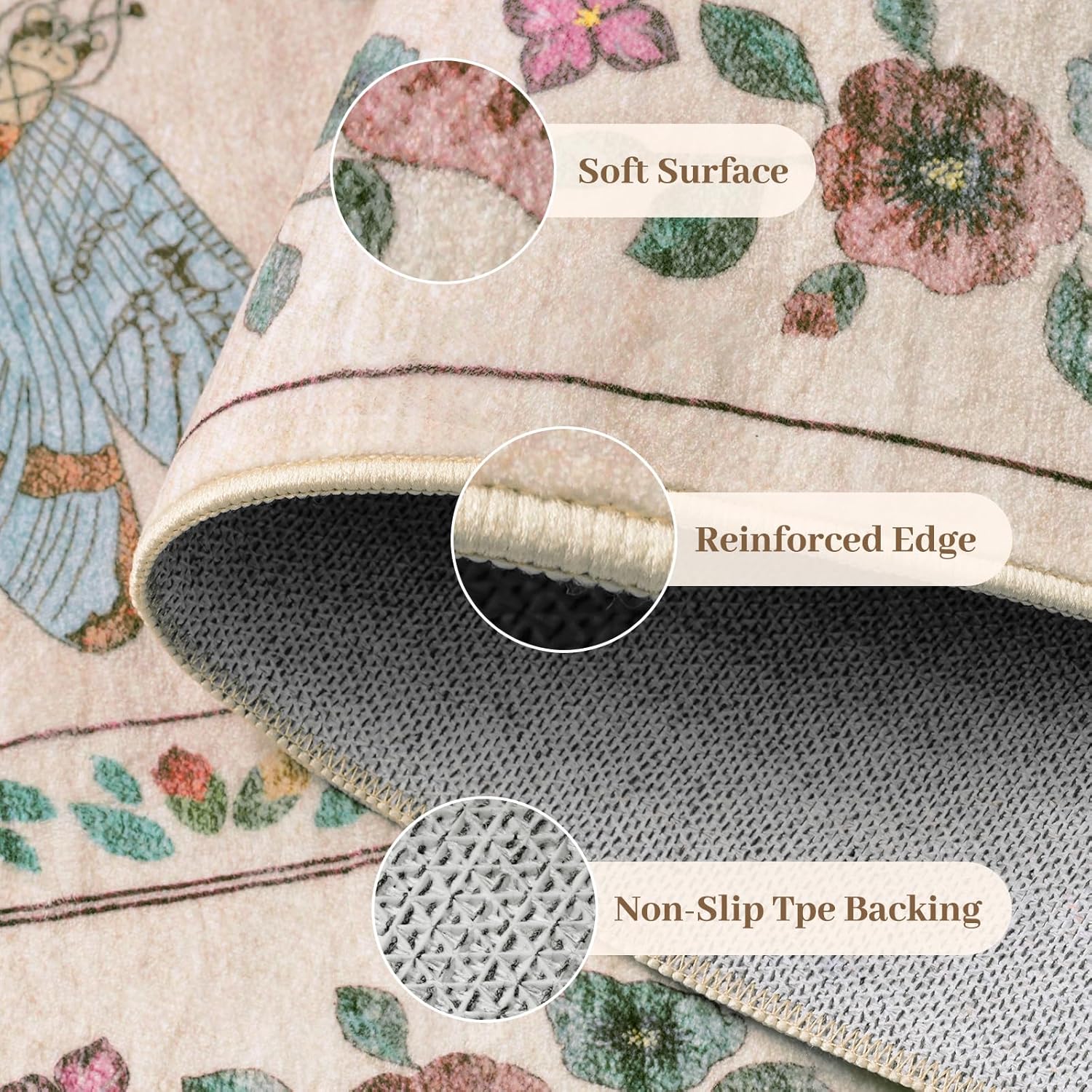 7x9 Low Pile Machine Washable Bug Rug - Indoor Non-Slip Insect Print Rug for Entryway, Living Room, Bedroom, Kitchen, Front Door, Laundry (7'x9' Beige Green) - Image 5