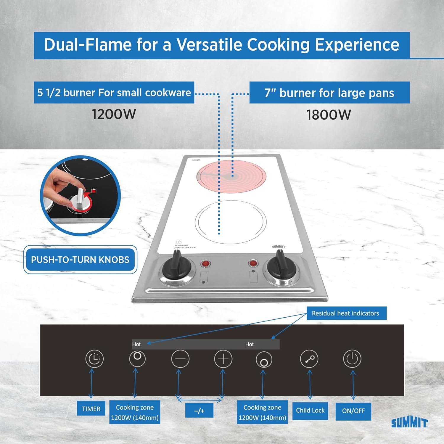 Summit CR2B120WH 12" Wide 115V 2-Burner Radiant Cooktop, Smooth White Ceramic Glass, 1400W, Safety Indicator Lights, ADA Compliant, Easy to Clean, Cord included, Hotel Suites, Extended Stay, Apartment - Image 2