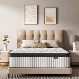 Queen Mattress, 10 Inch Hybrid Mattress in a Box, Memory Foam and Pocket Springs, Fiberglass Free, Soft and Breathable, Medium Firm Feel