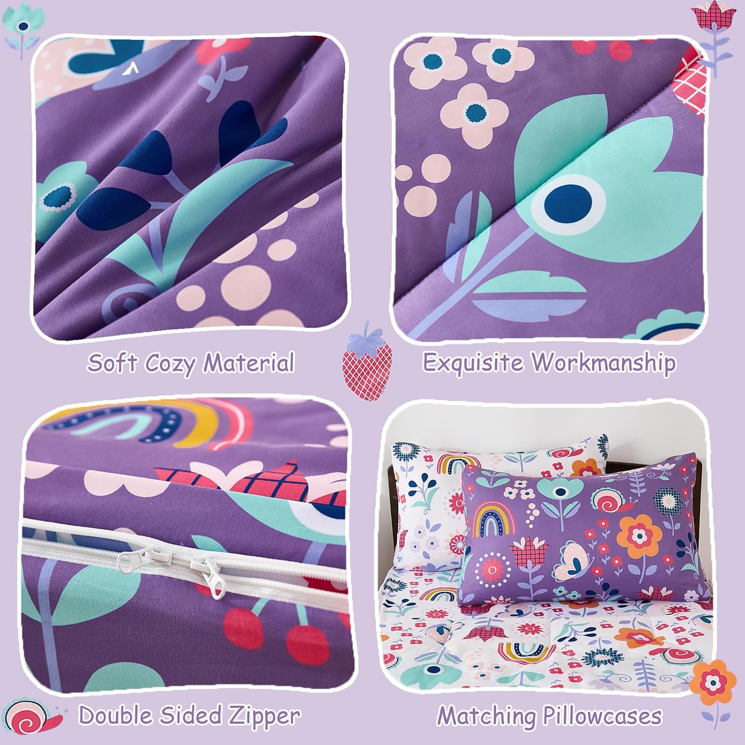 DJY Zipper Bedding Set Full, Purple Floral Bedding Sets for Girls, Kids Comforter Set with Fitted Sheet Pillowcases, All in One Zipper Bed Set for All Seasons - Image 4