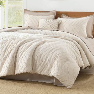 Litanika Queen Comforter Set Beige, 3 Pieces Lightweight Comforters Queen Size Chevron Tufted Bedding Comforter Set, Fluffy Bed Set