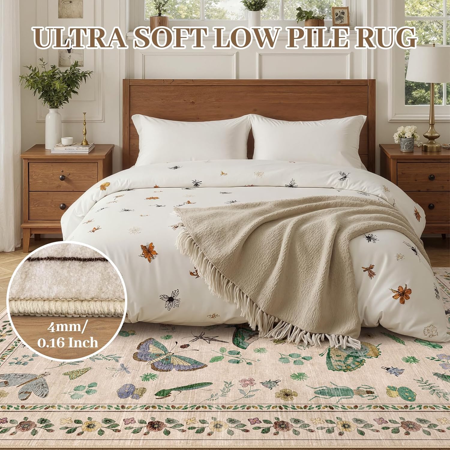 7x9 Low Pile Machine Washable Bug Rug - Indoor Non-Slip Insect Print Rug for Entryway, Living Room, Bedroom, Kitchen, Front Door, Laundry (7'x9' Beige Green) - Image 3